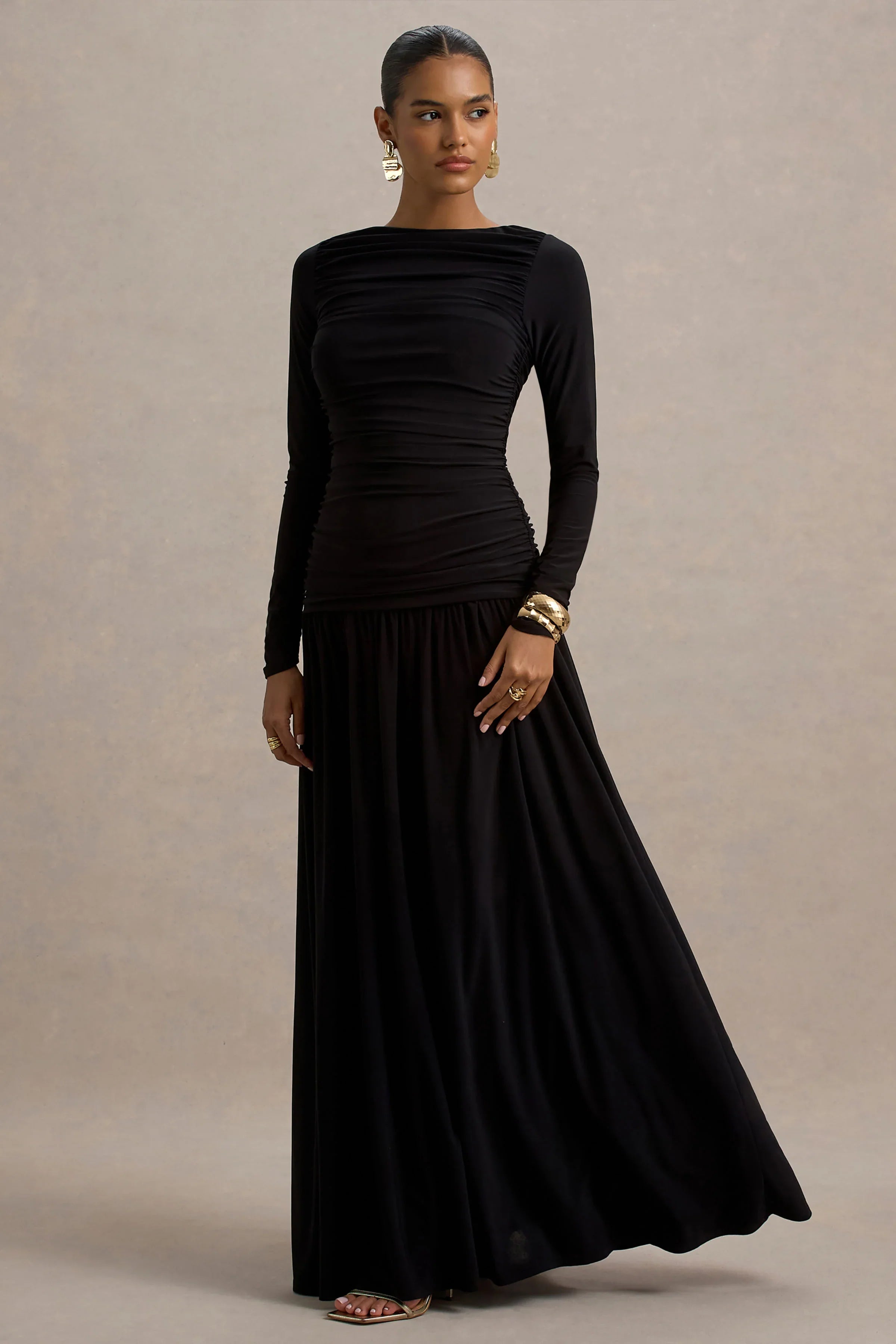 Aniyah Black High Neck Maxi Dress With Ruched Detailing