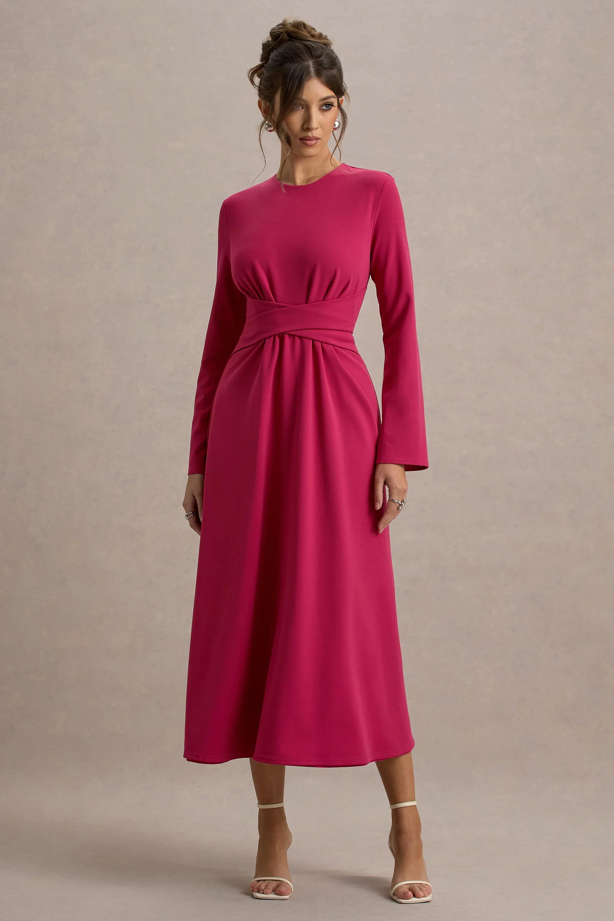 Cassiopeia Lemon Long Sleeve Midi Dress With Cross Waist