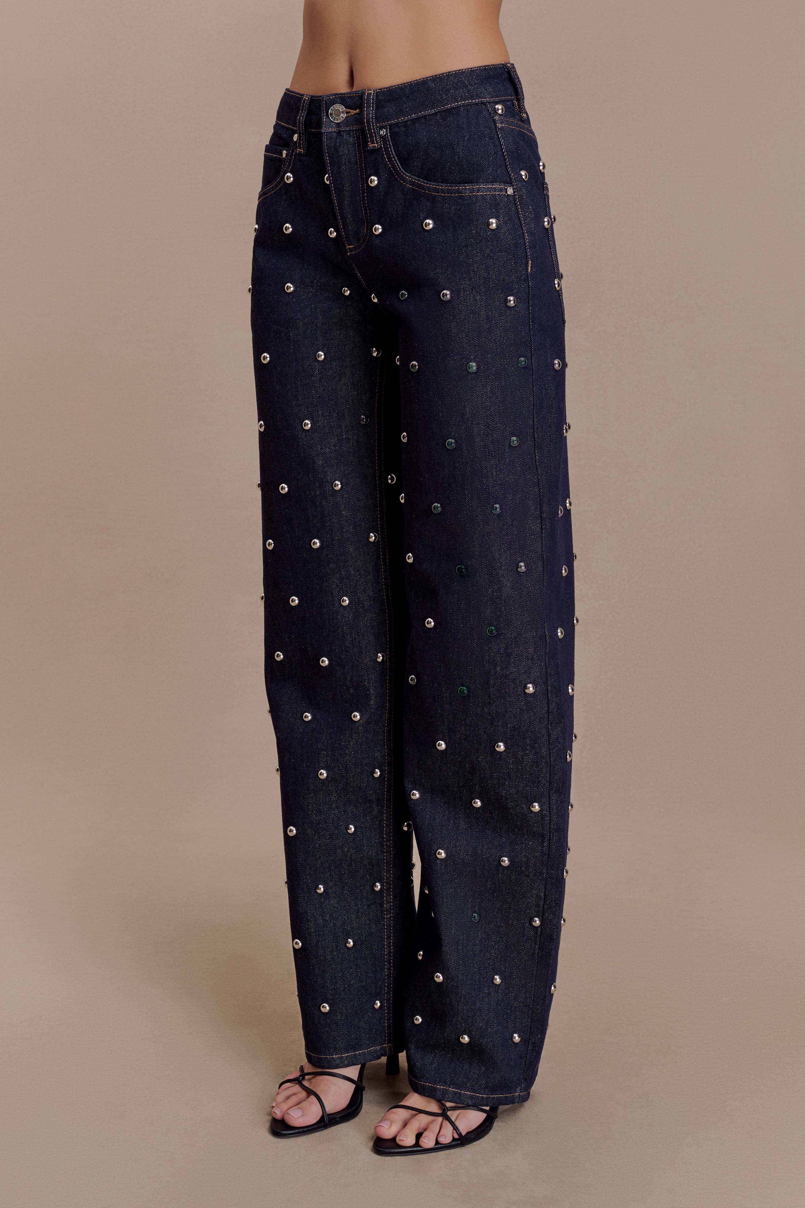 Alima Mid Rise Stud Denim Jeans Washed Indigo Blue