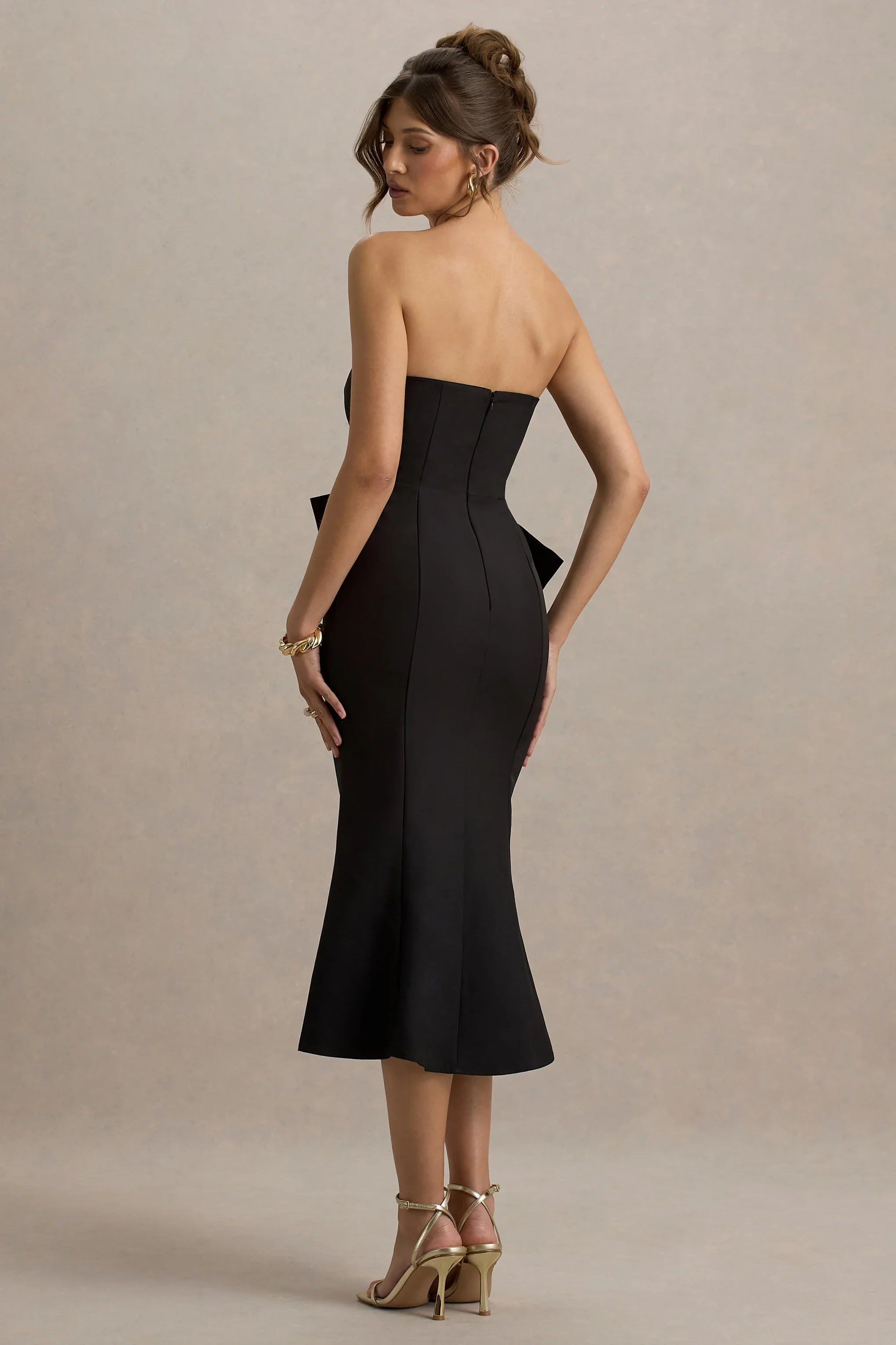 To Me Black Bandeau Midi Dress With Oversized Bow