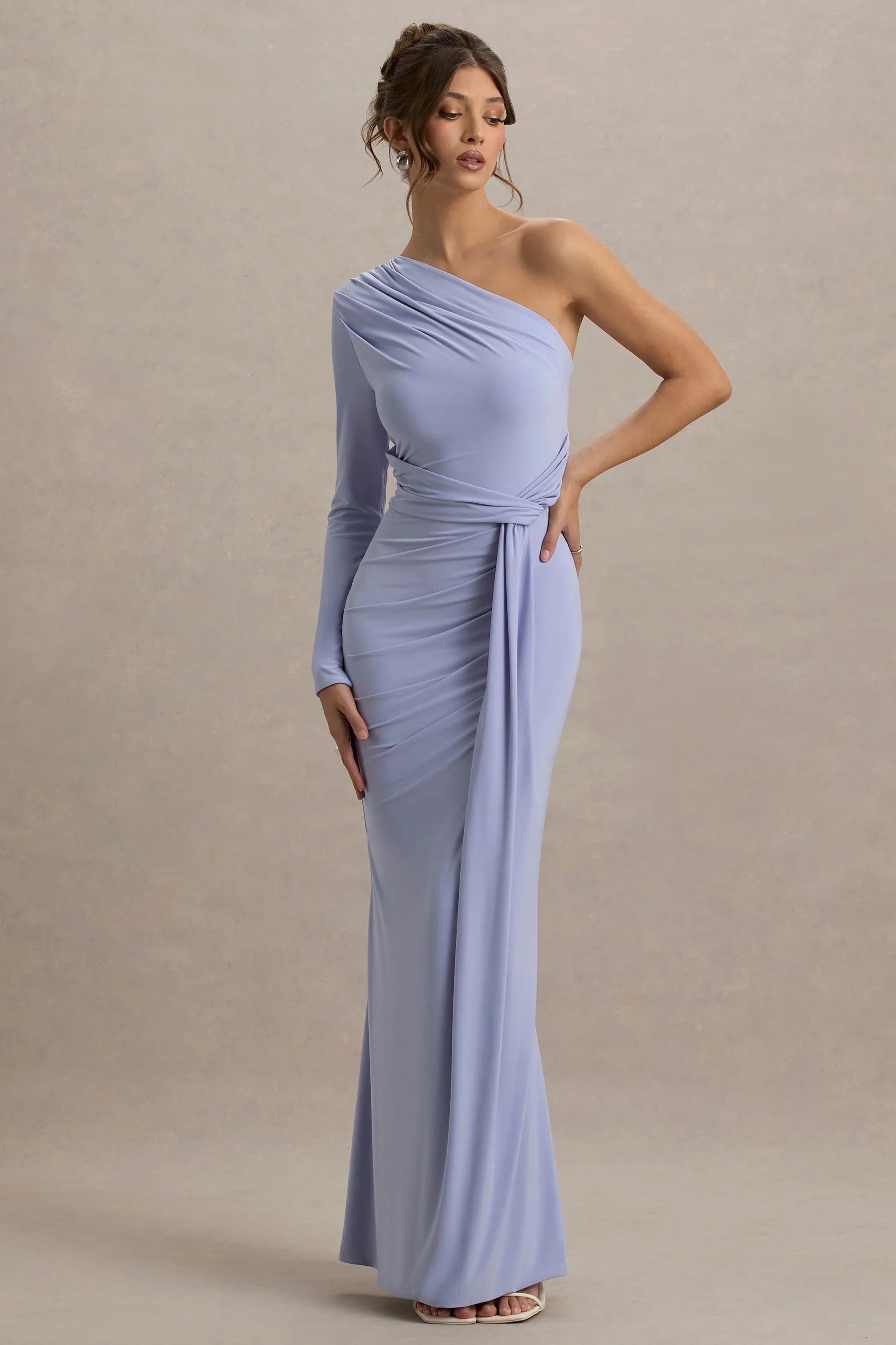Sanya Pale Blue Asymmetric One Sleeve Wrap Maxi Dress with Drape