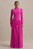 Caprice Hot Pink High Neck Maxi Dress With Embellished Details