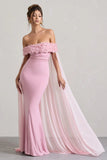 Avant Garde Blush Pink Floral Bardot Fishtail Maxi Dress With Mesh Cape