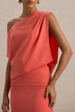 Ronnie Coral Satin Asymmetric Neck Maxi Dress With Draping Detail
