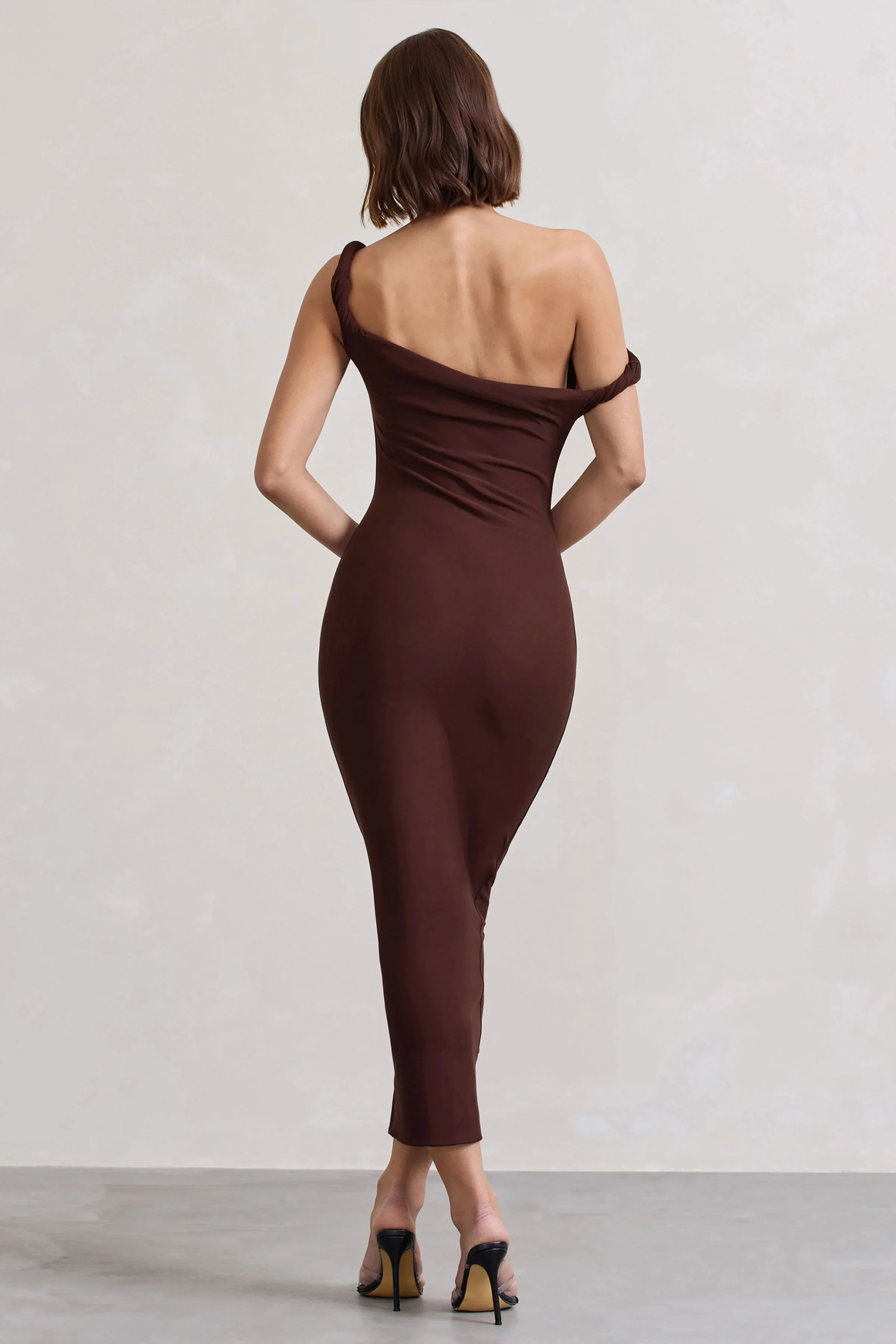Salome Chocolate Brown Twisted Asymmetric Midi Dress