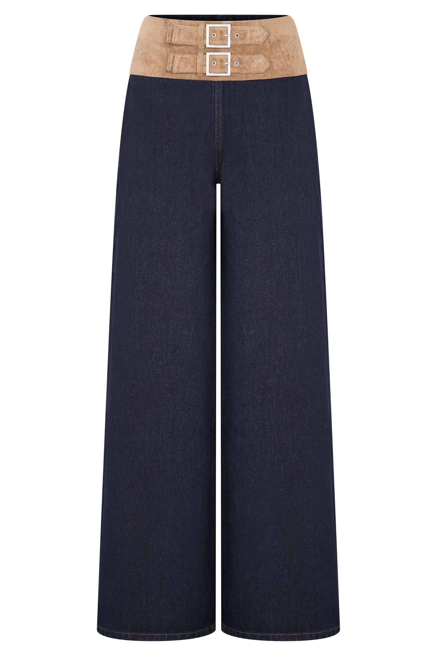 Miranda Faux Suede Belted Denim Wide Leg Jeans Indigo Blue