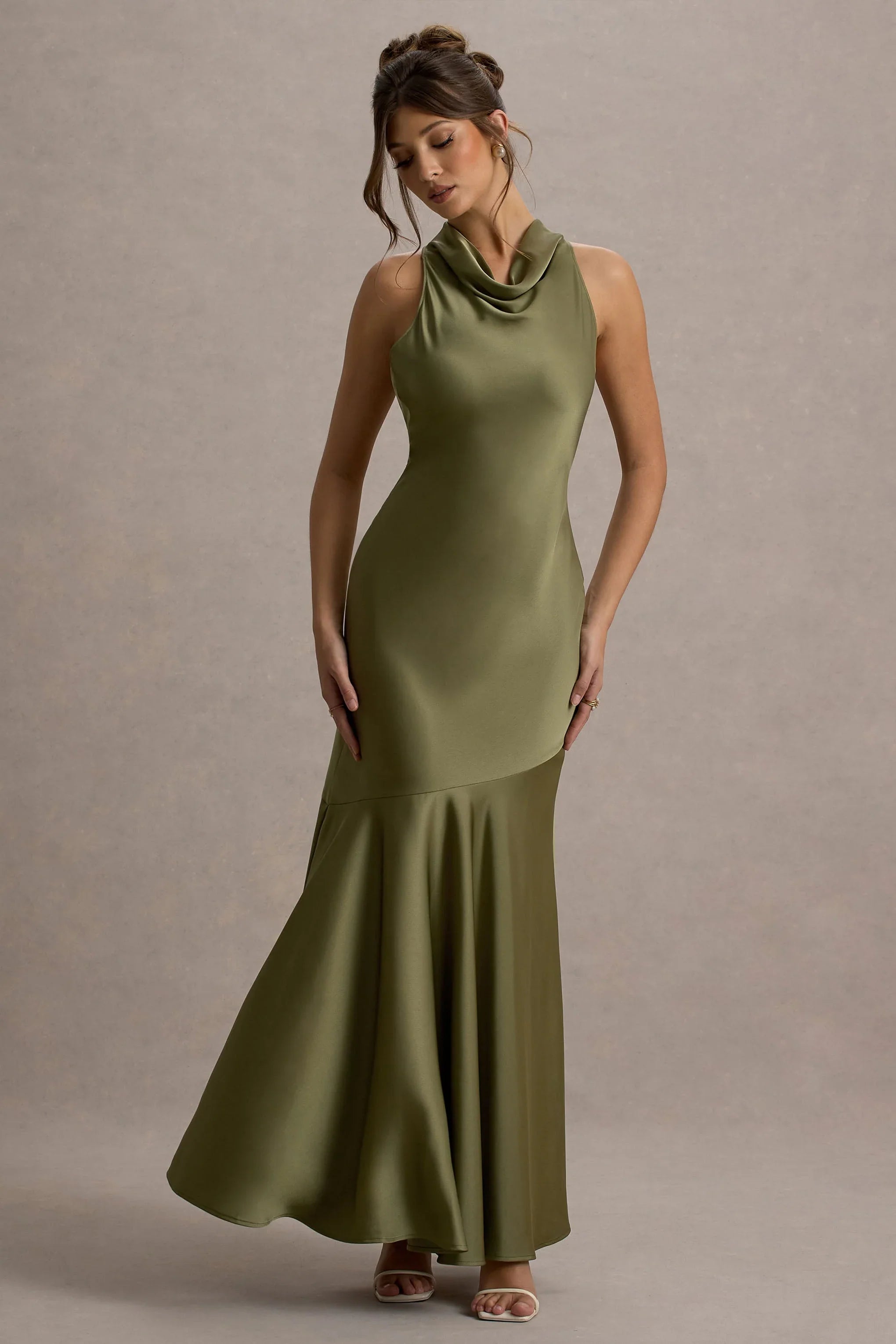 Amelita Khaki Satin Cowl Neck Maxi Dress