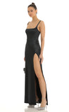 Satin Rhinestone Maxi Dress in Black