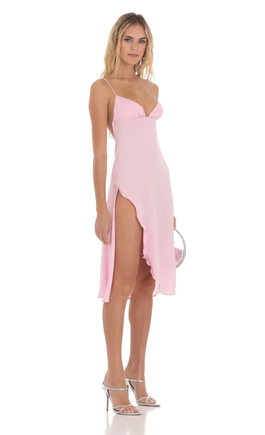 Satin Midi Dress in Pink