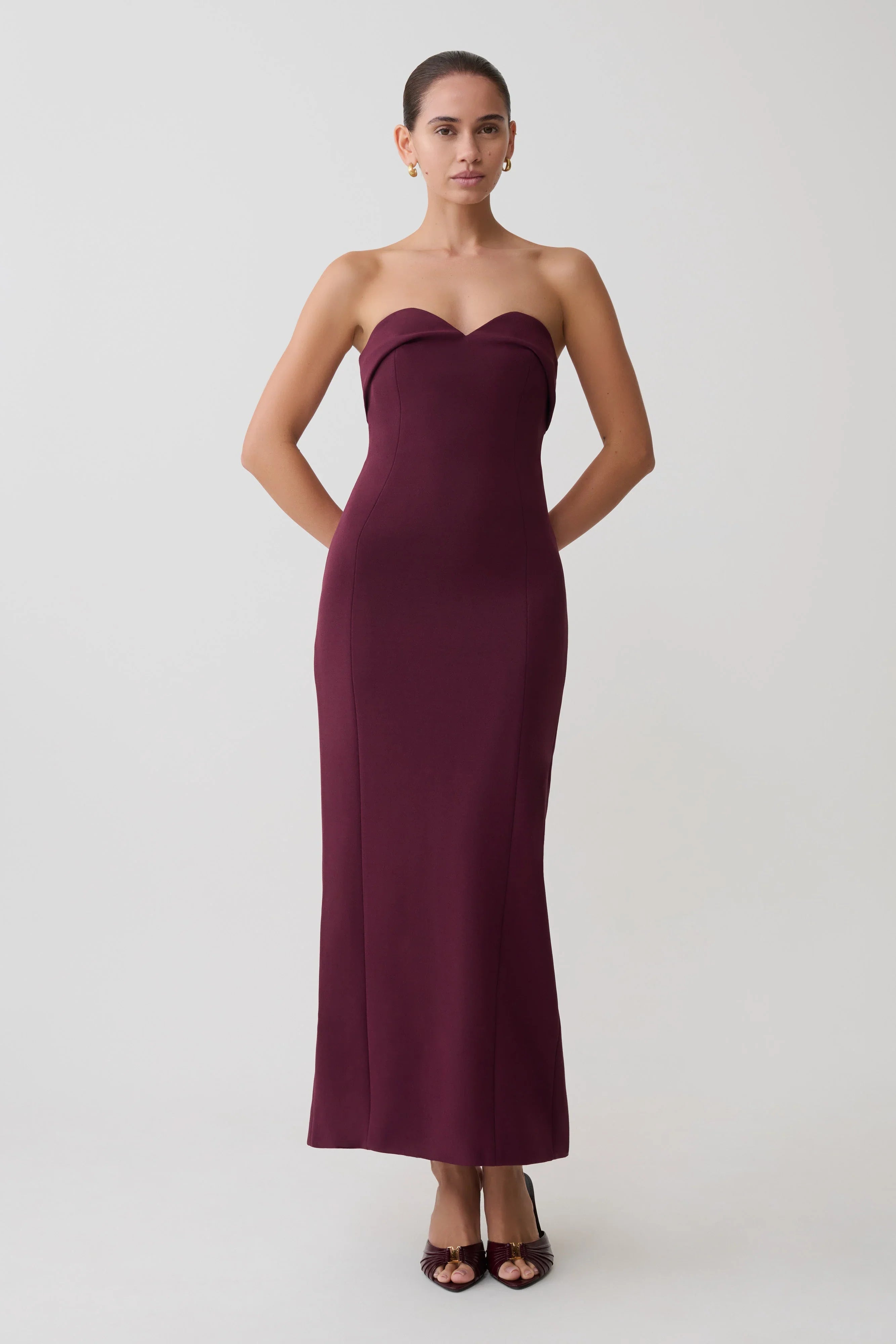 Cary Folded Strapless Crepe Midi Dress Wine