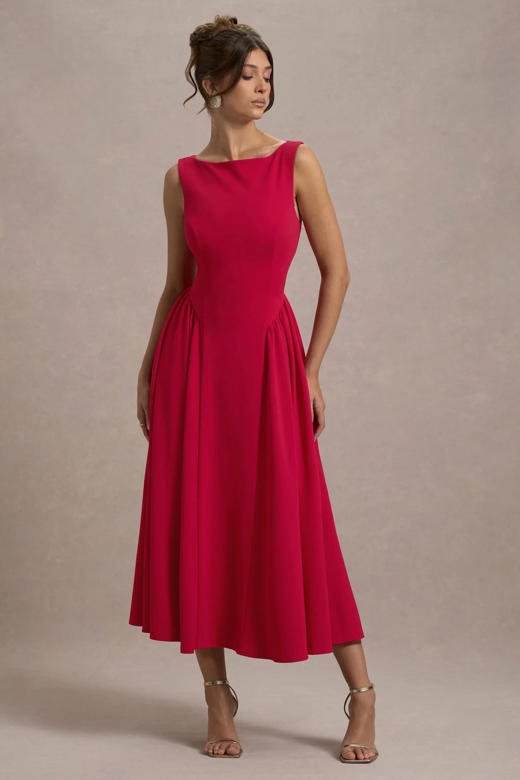 Muriel Red Boat Neck Volume Hem Midi Dress