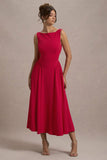 Muriel Red Boat Neck Volume Hem Midi Dress