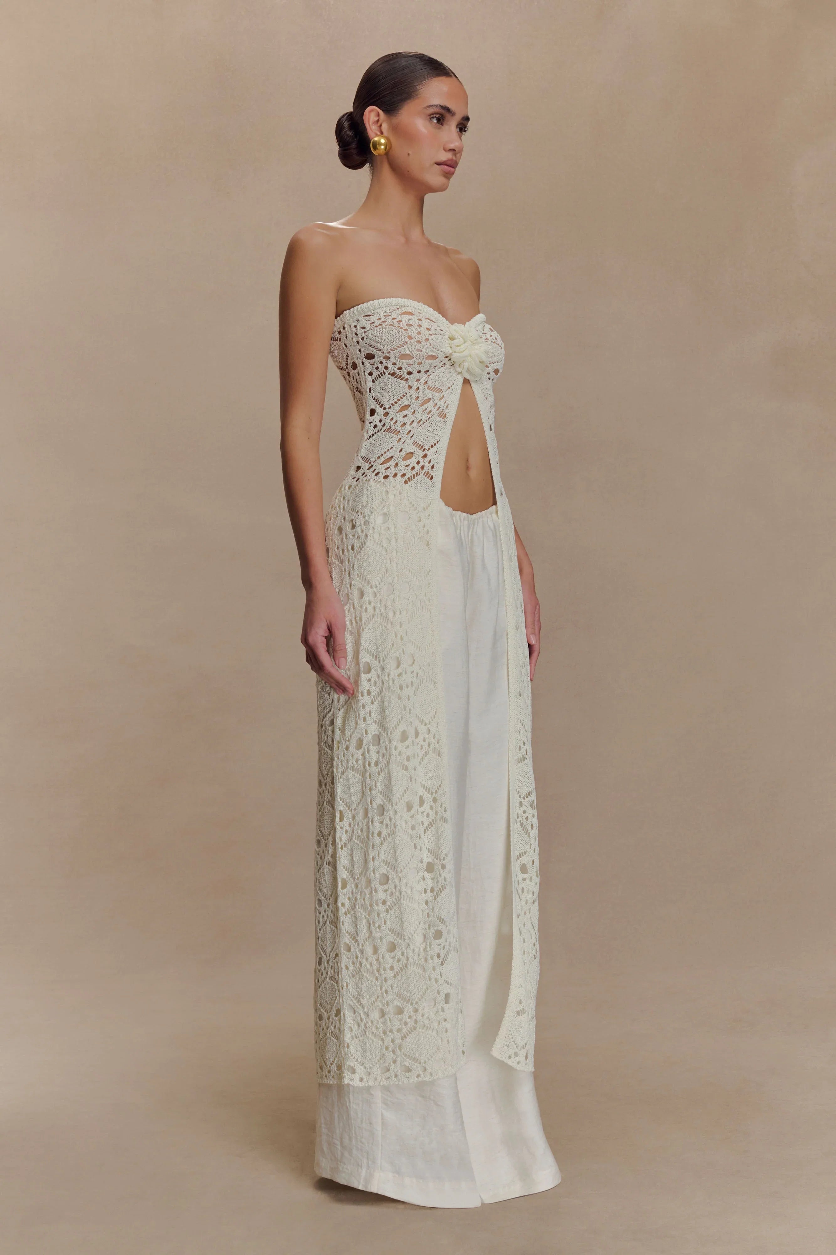 Aeline Strapless Crochet Knit Top Ivory