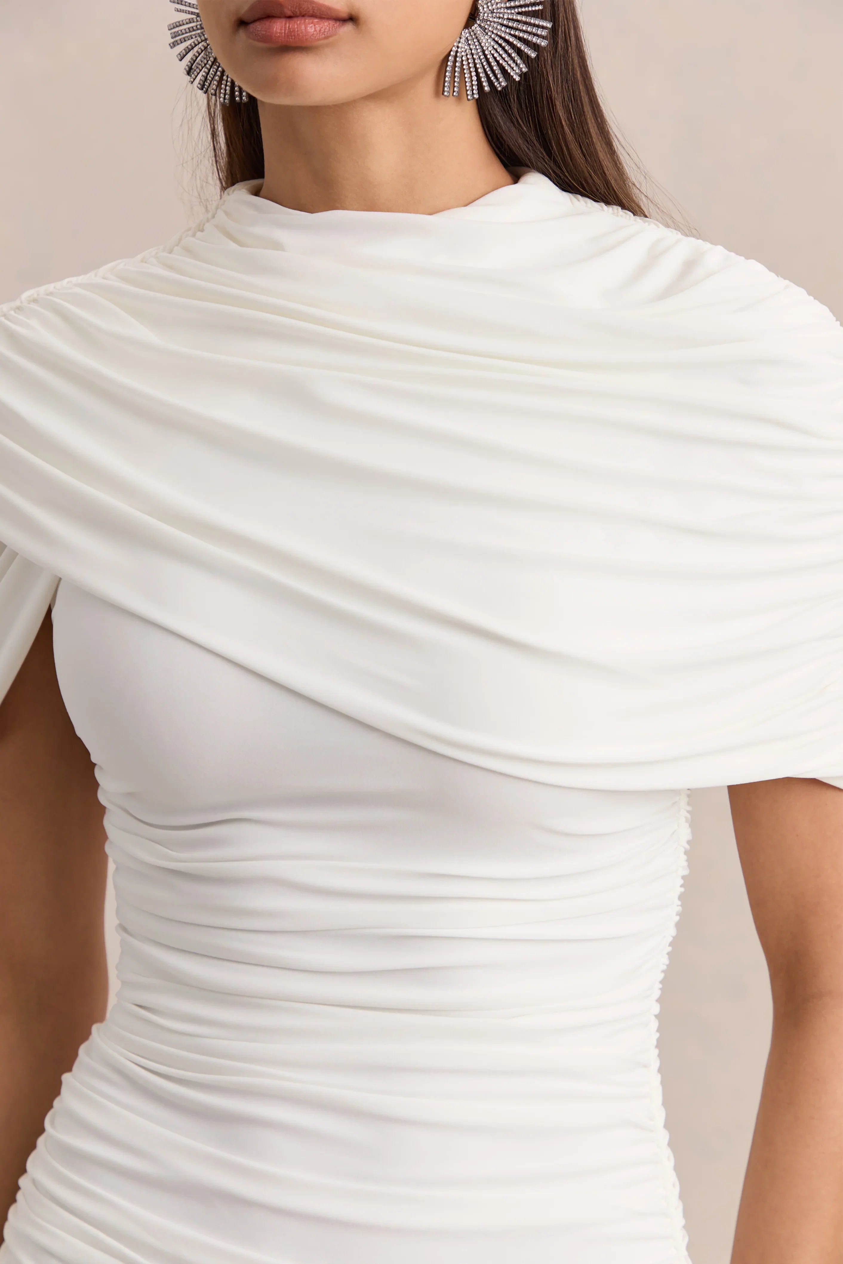 Fenella White High Neck Mini Dress With Cape Sleeves And Ruched Detailing