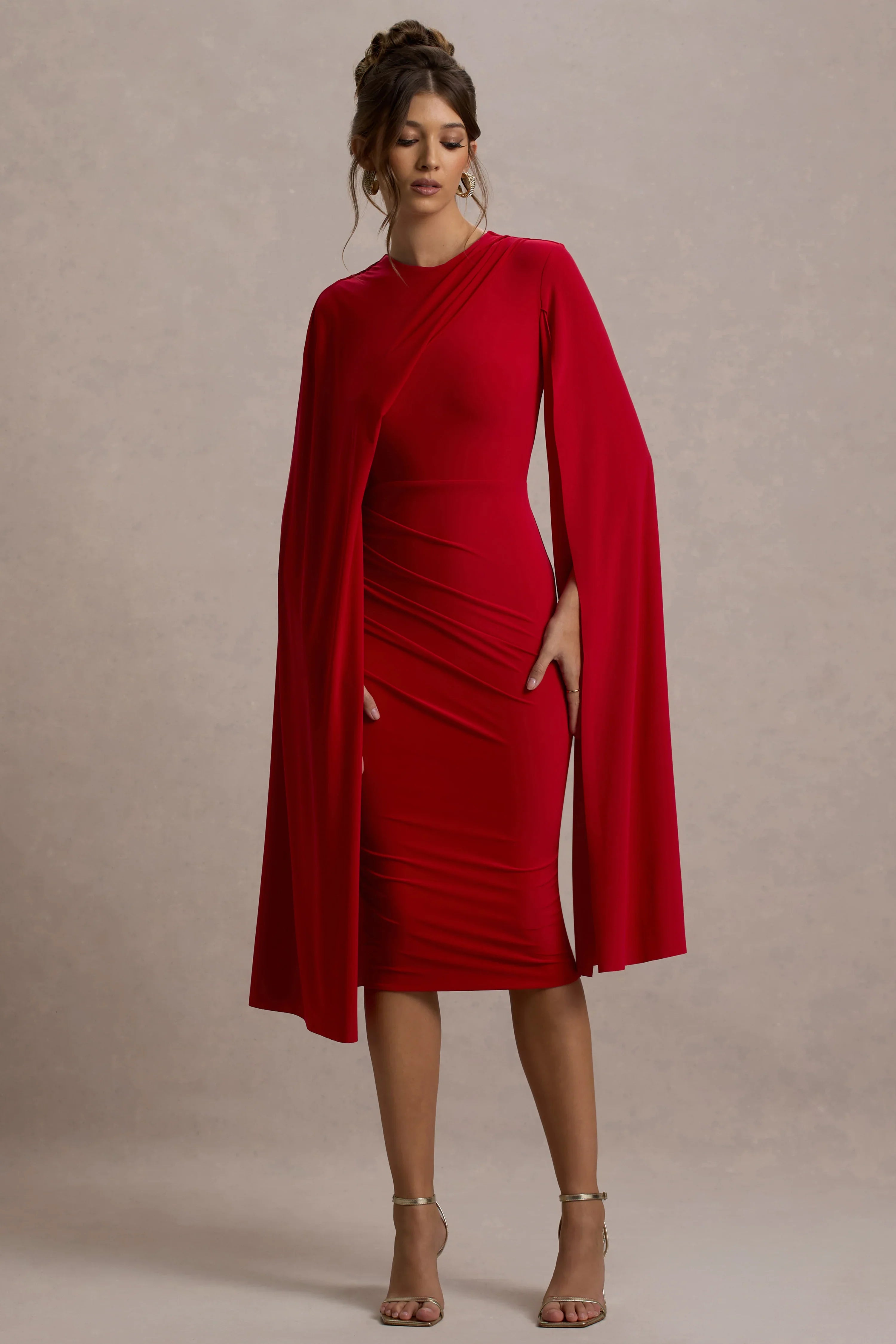 Marysol Red Asymmetric Cape Midi Dress
