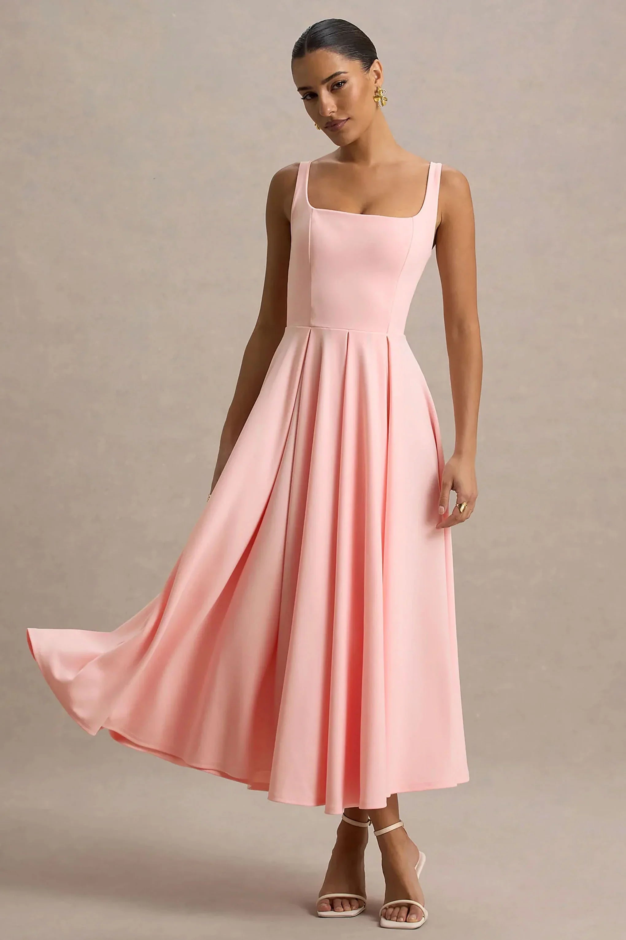 Parina Pink Strappy Volume Hem Midi Dress