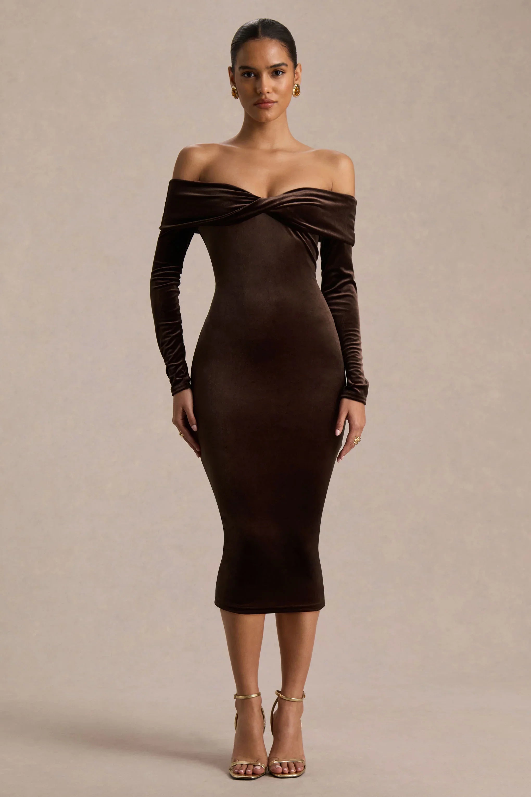 Compliment Brown Velvet Bardot Midi Dress