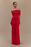 Caspian Slinky And Mesh Off Shoulder Maxi Dress Ruby
