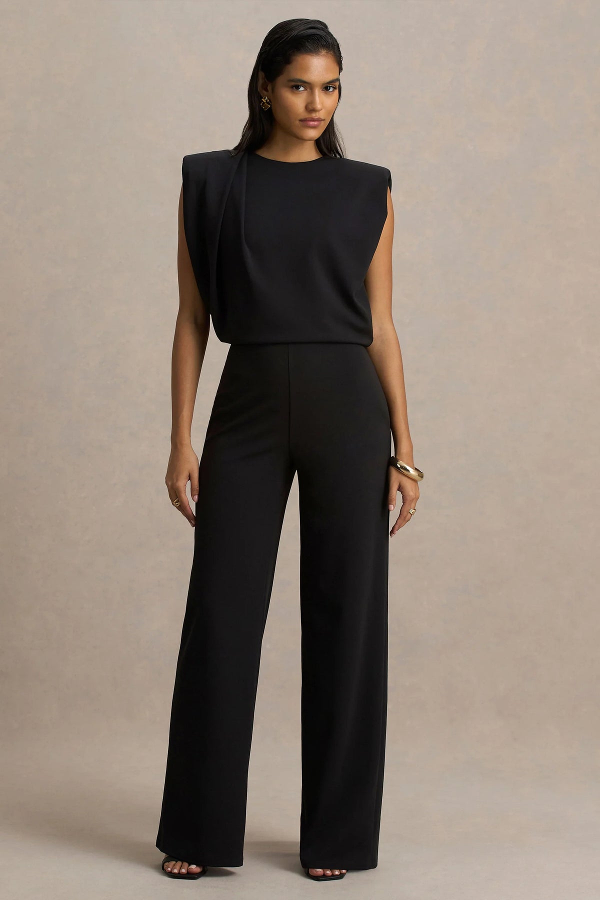 Tiff Black Crew Neck Jumpsuit With Draped Detailing