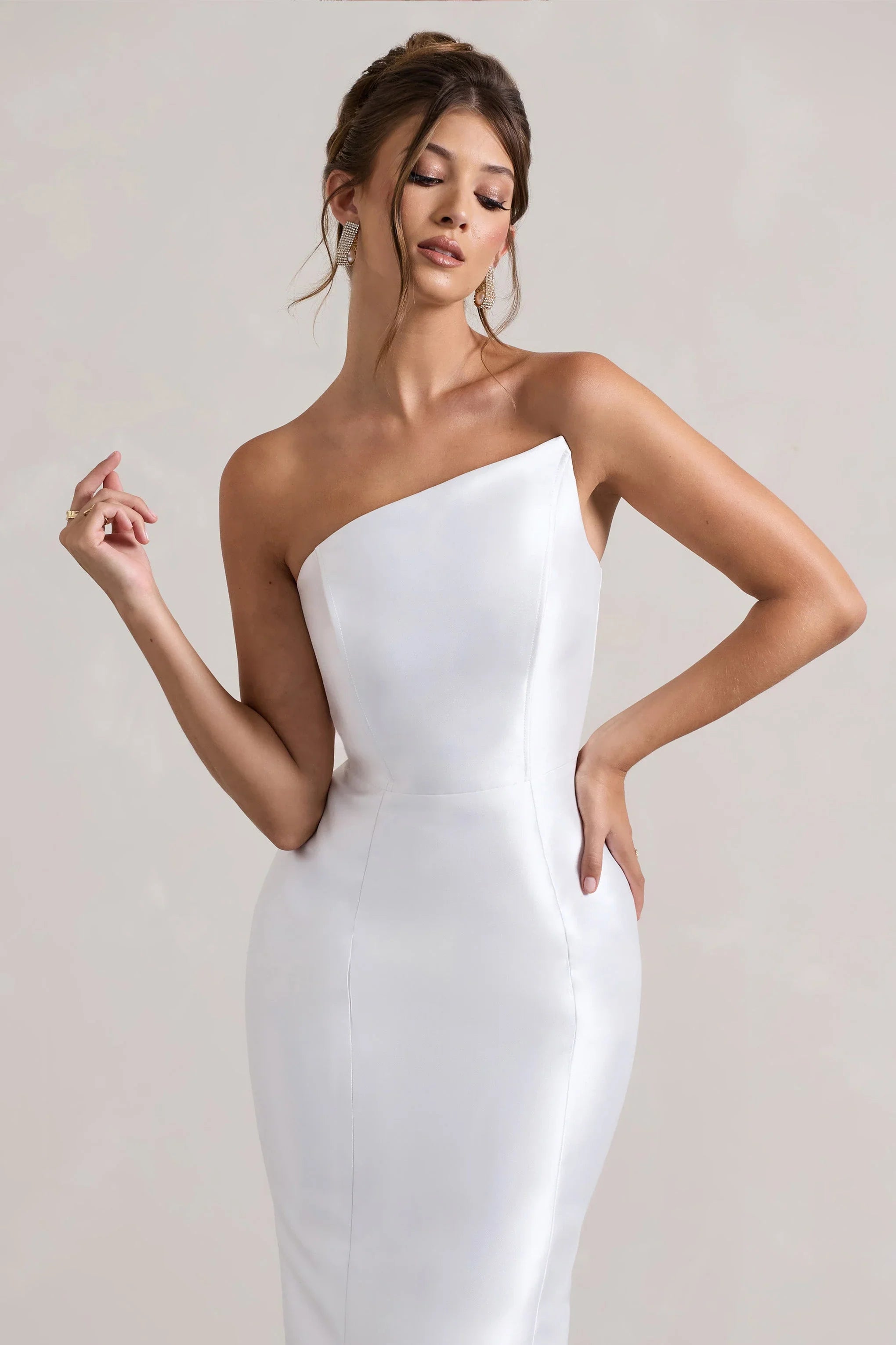 Define White Satin Asymmetric Fishtail Maxi Dress