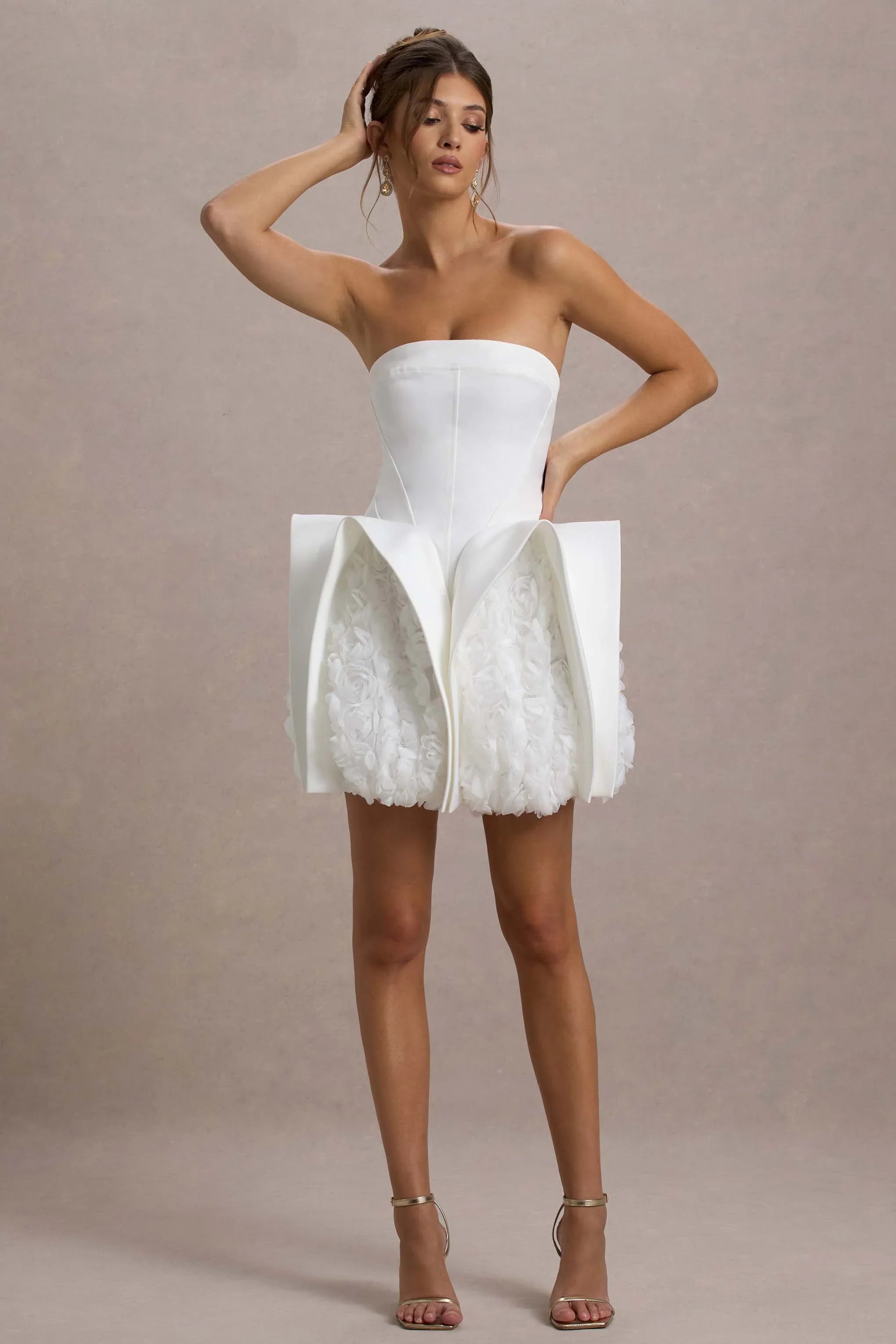 Orchid Oasis White Bandeau Mini Dress With Puff Floral Hem