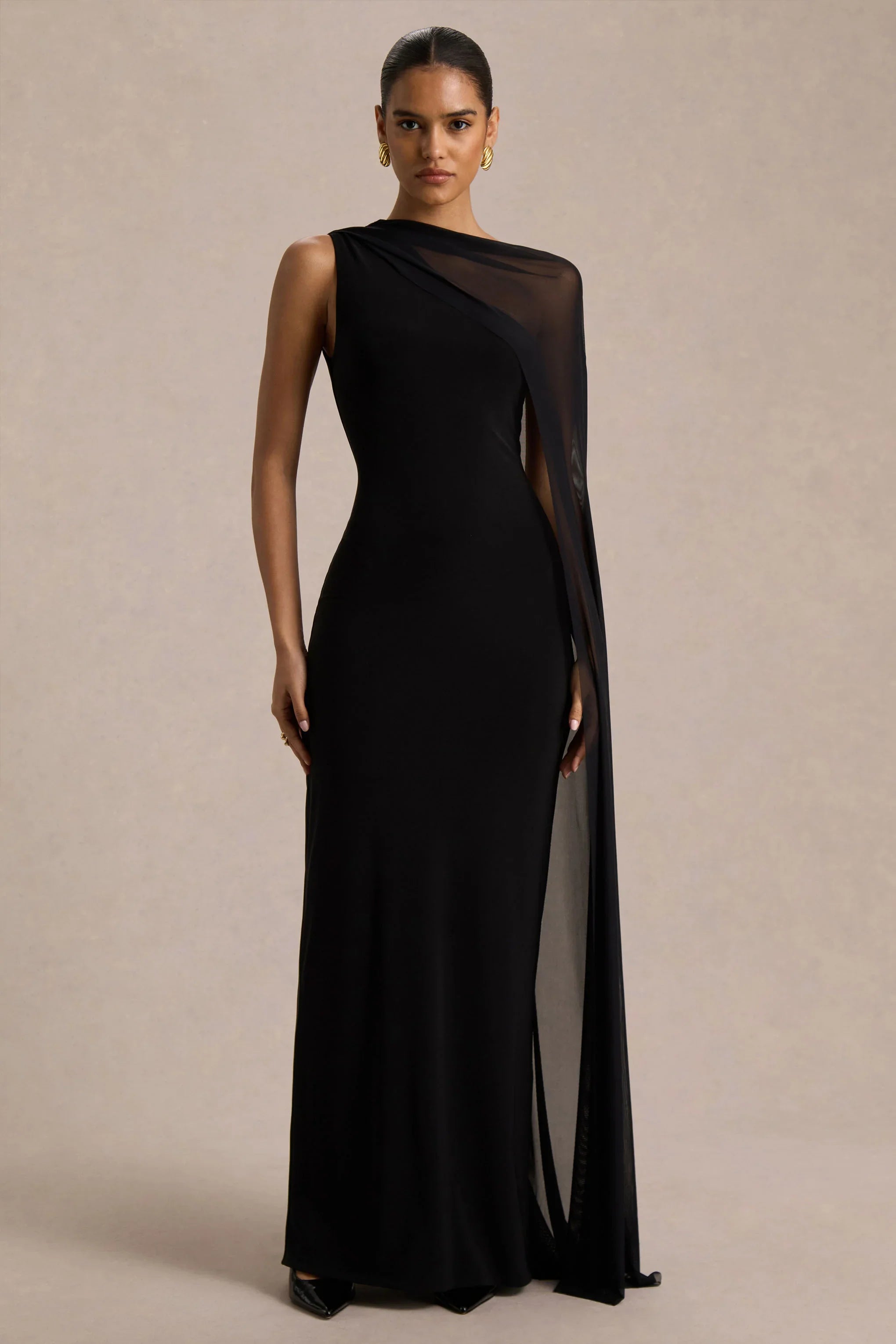Mirelle Black Asymmetric Neck Maxi Dress With Sheer Cape Sleeve