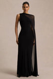 Mirelle Black Asymmetric Neck Maxi Dress With Sheer Cape Sleeve