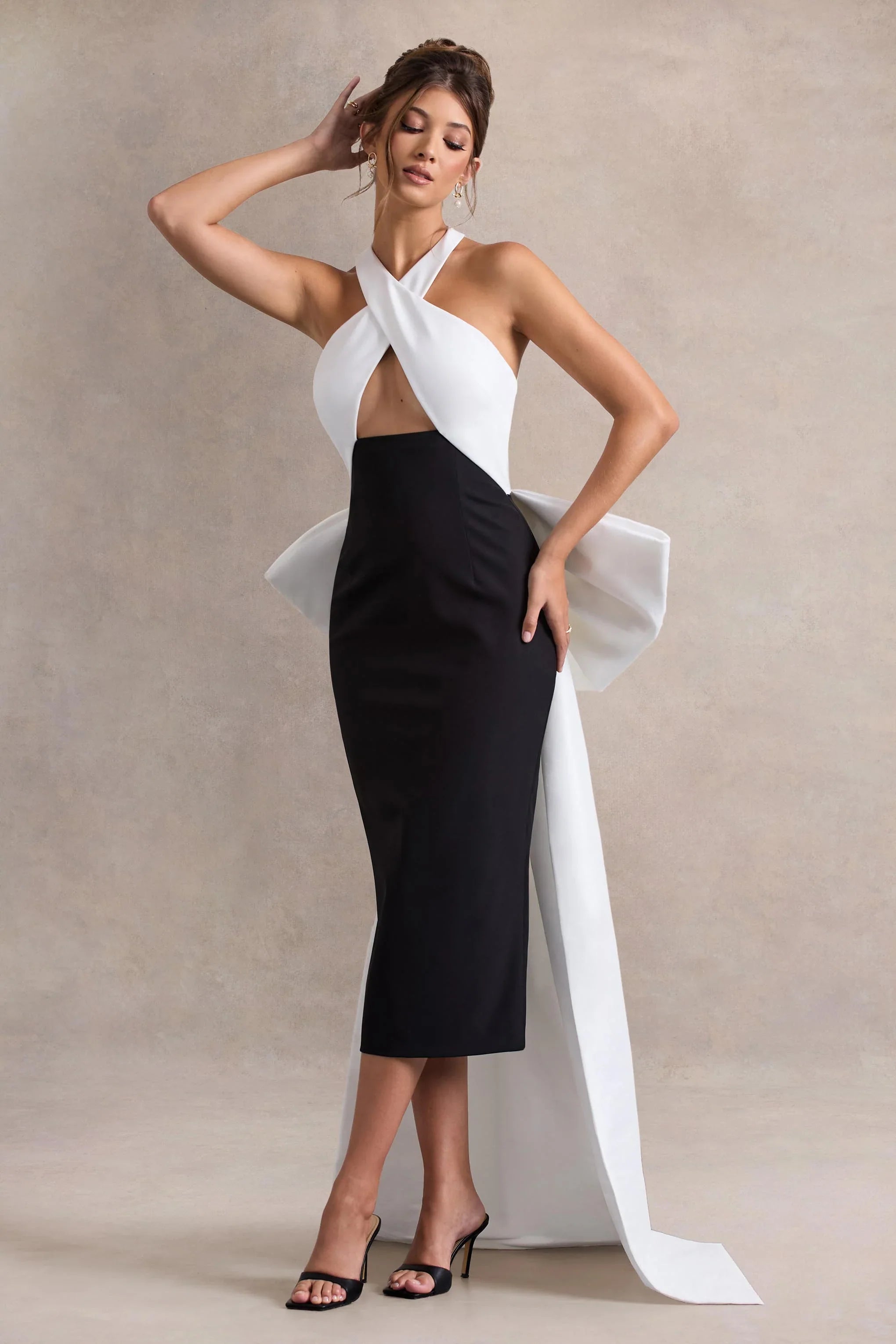 Blanca Black White Halter Neck Cut Out Midi Dress With Oversized Bow