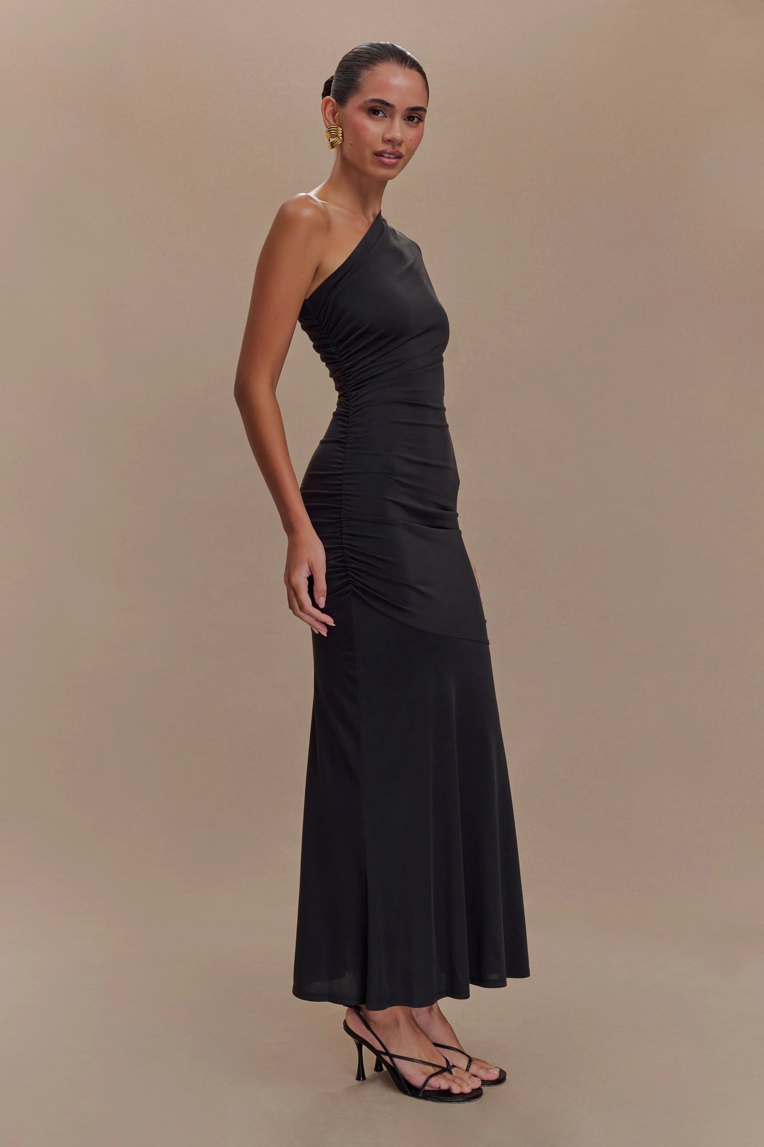 Chloe Peached Jersey One Shoulder Midi Dress Black