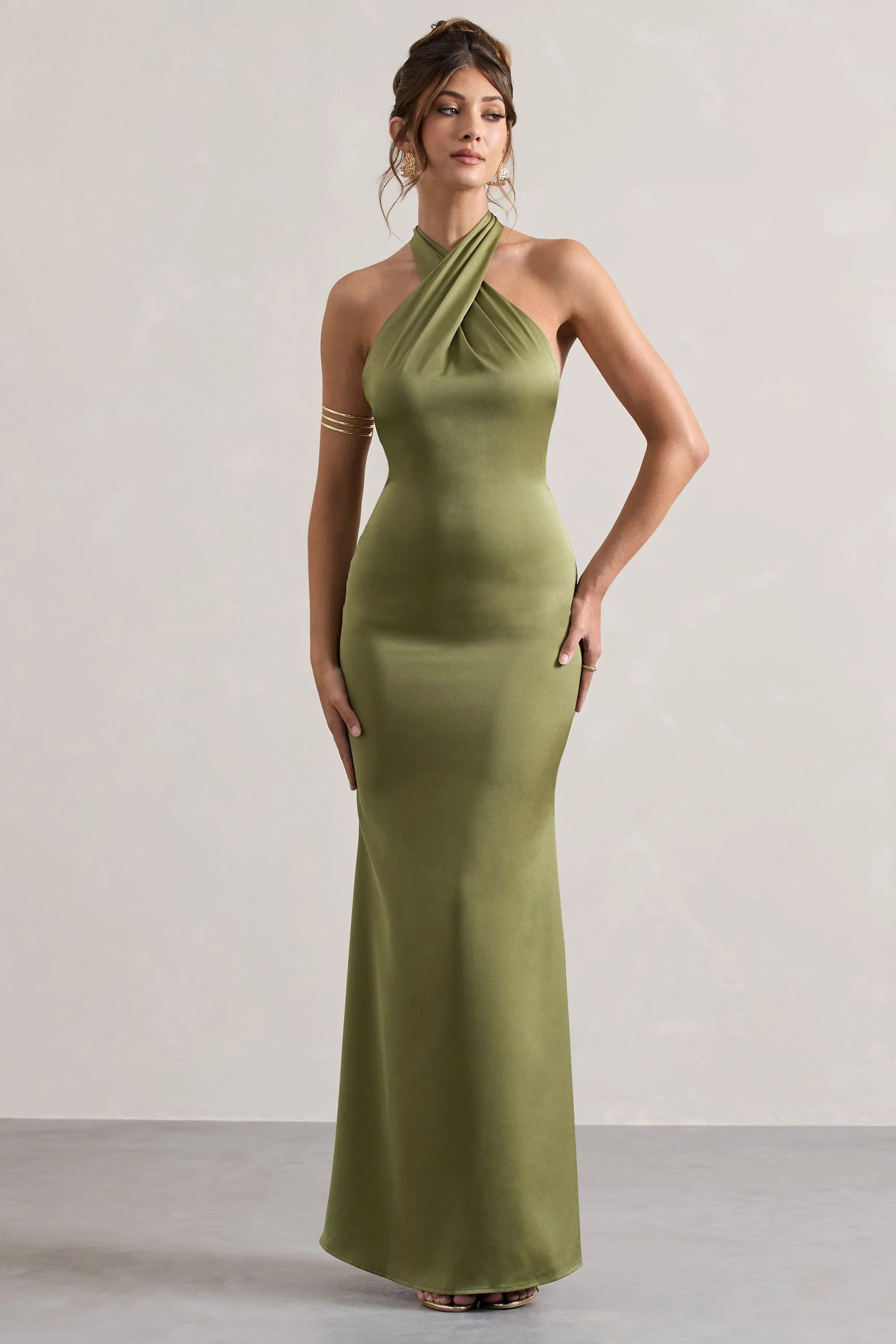 Unbeatable Olive Satin Cross Over Halter Neck Maxi Dress