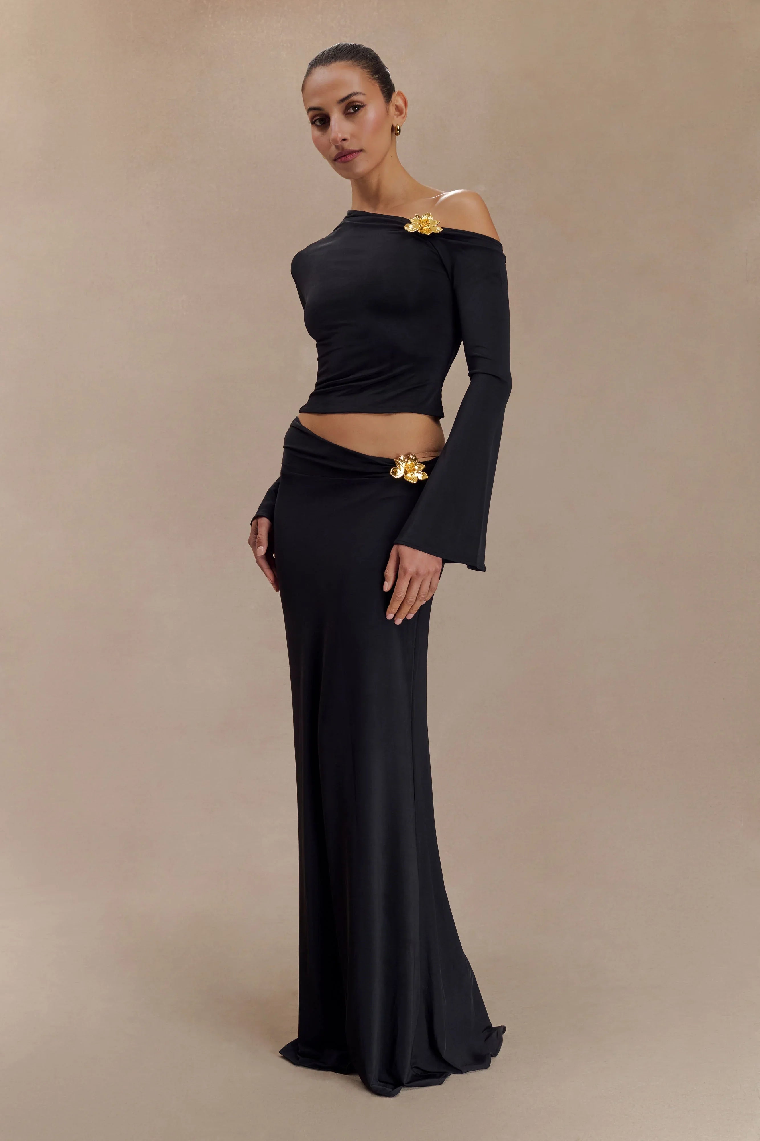 Ainsley Asymmetrical Maxi Skirt With Floral Hardware Black