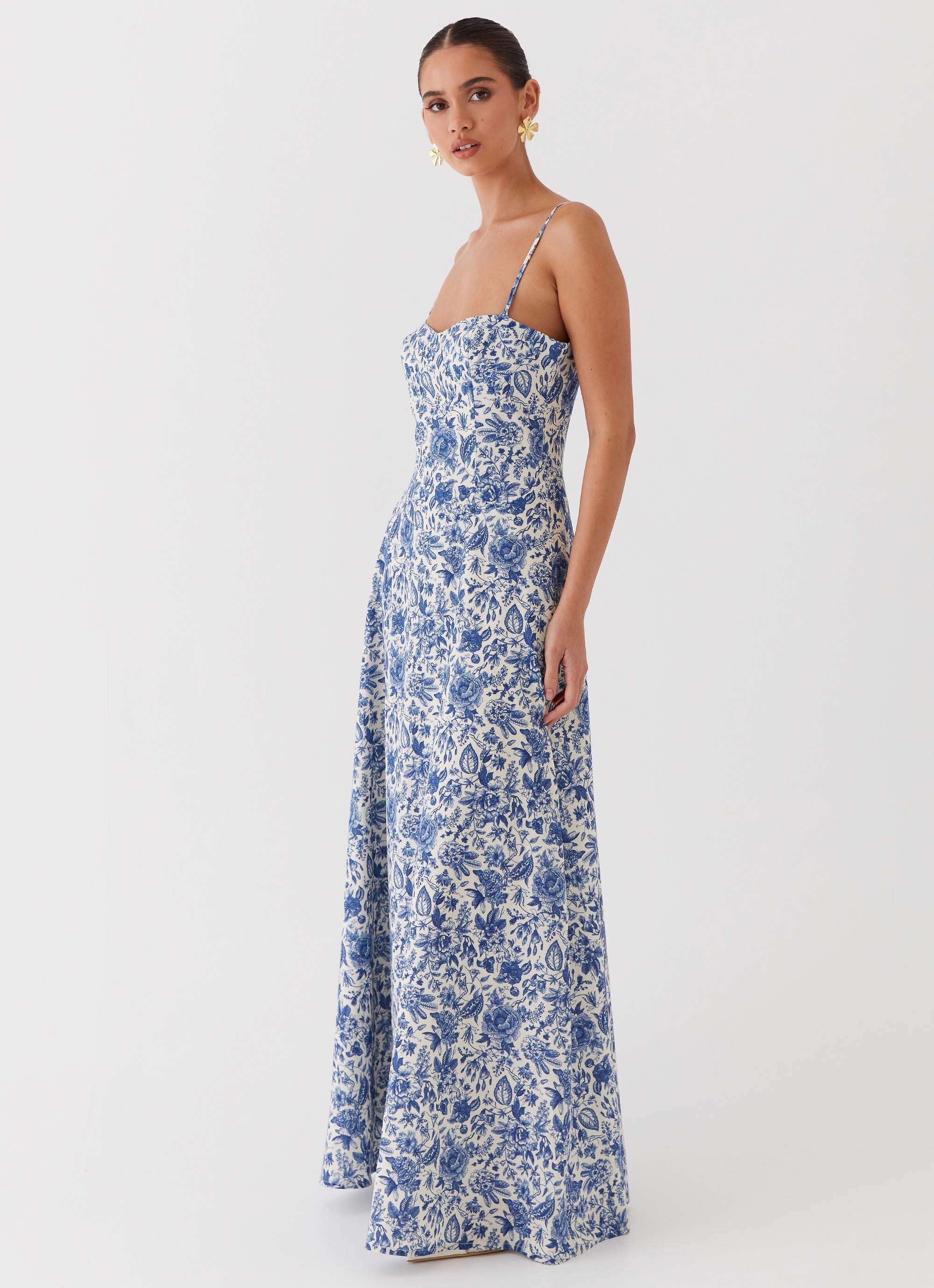 Angelina Linen Maxi Dress Blue Paisley