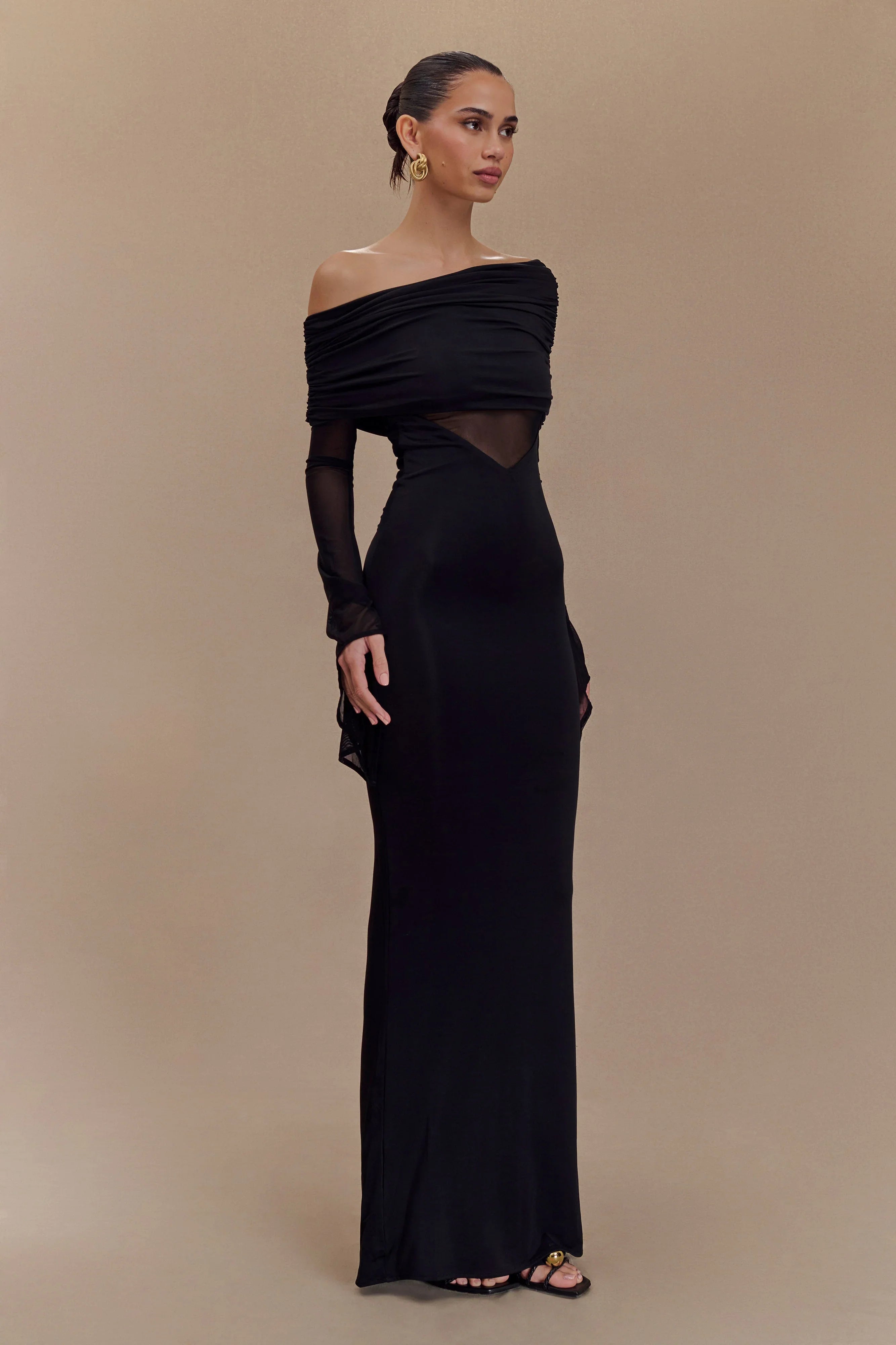 Kaitlin One Shoulder Slinky And Mesh Maxi Dress Black