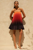 Tropical Orange Ombre Satin Mini Dress With Ruffle Hem