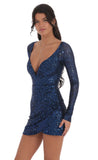 Blue Sequin V Neck Long Sleeve Dress in Black