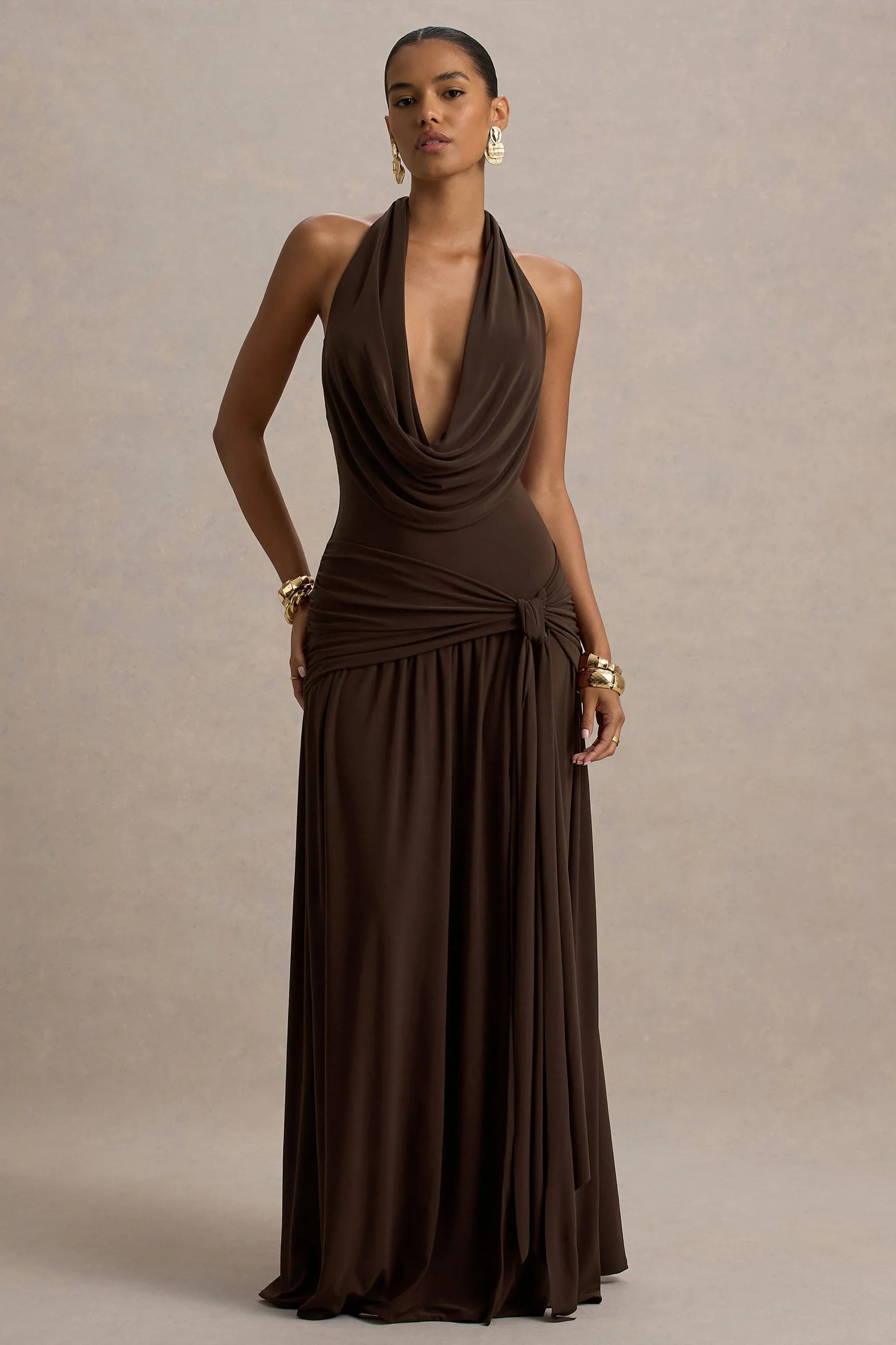 Mist Brown Plunge Neck Maxi Dress With Knot Detail And Open Back