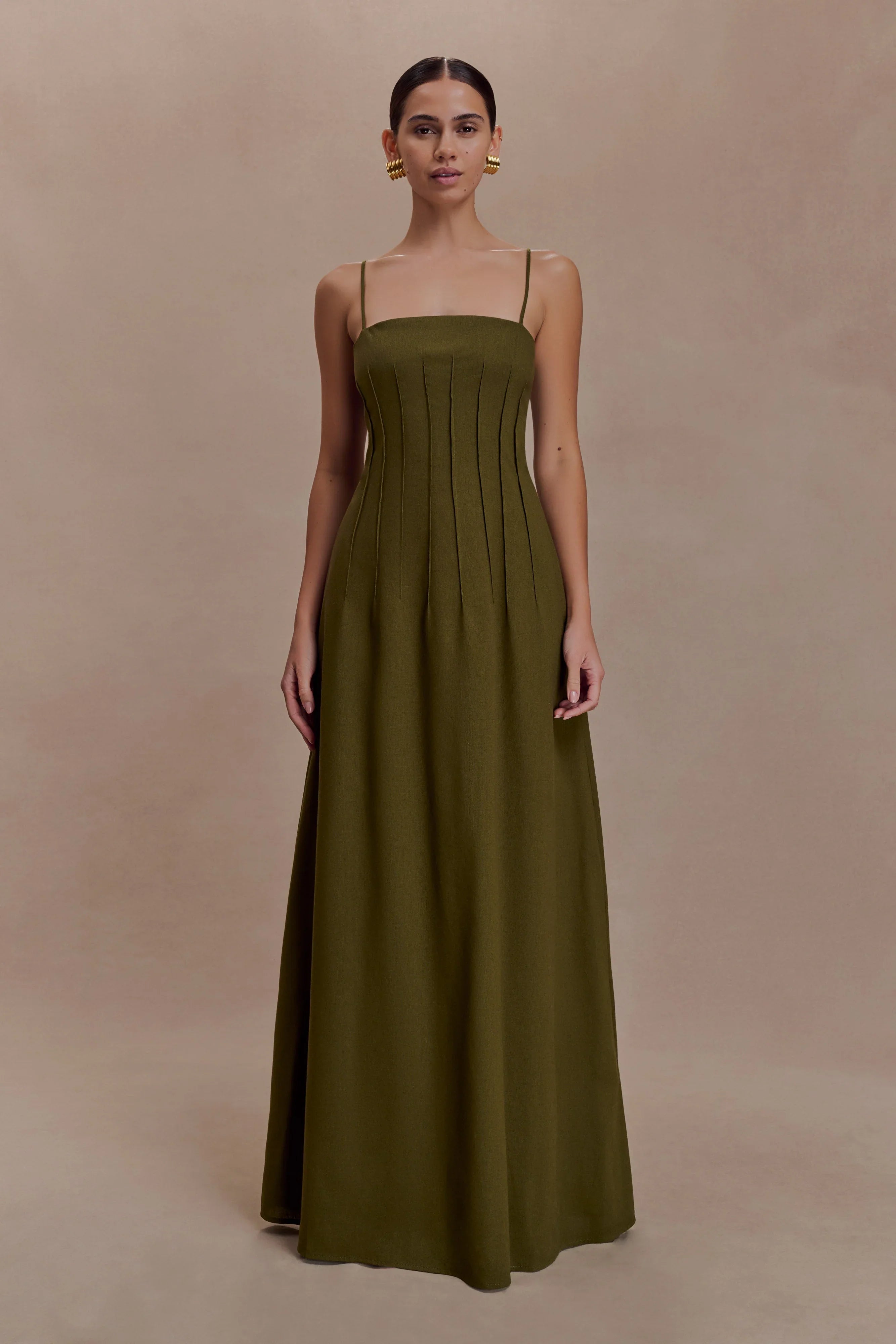 Sofie Pintuck Linen Maxi Dress Khaki