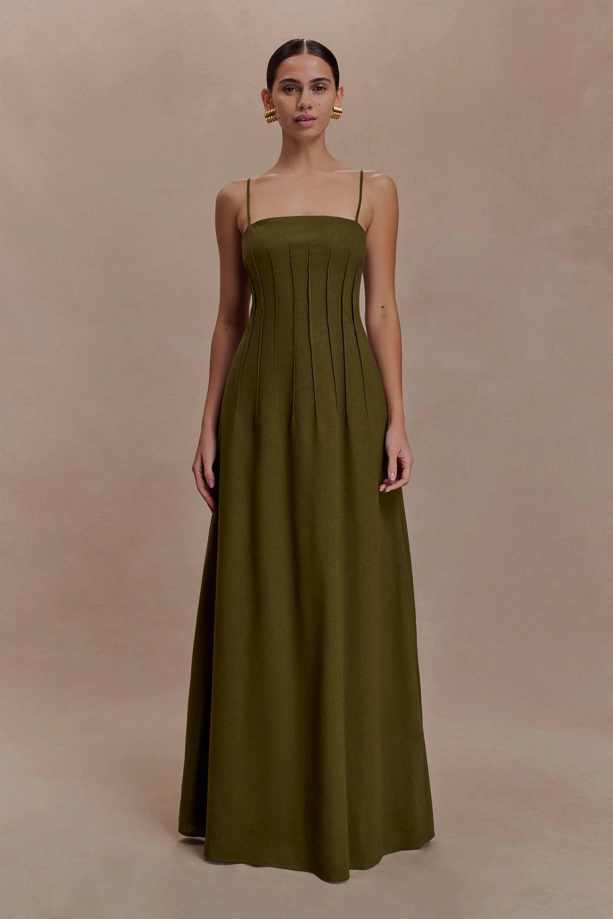 Sofie Pintuck Linen Maxi Dress Khaki