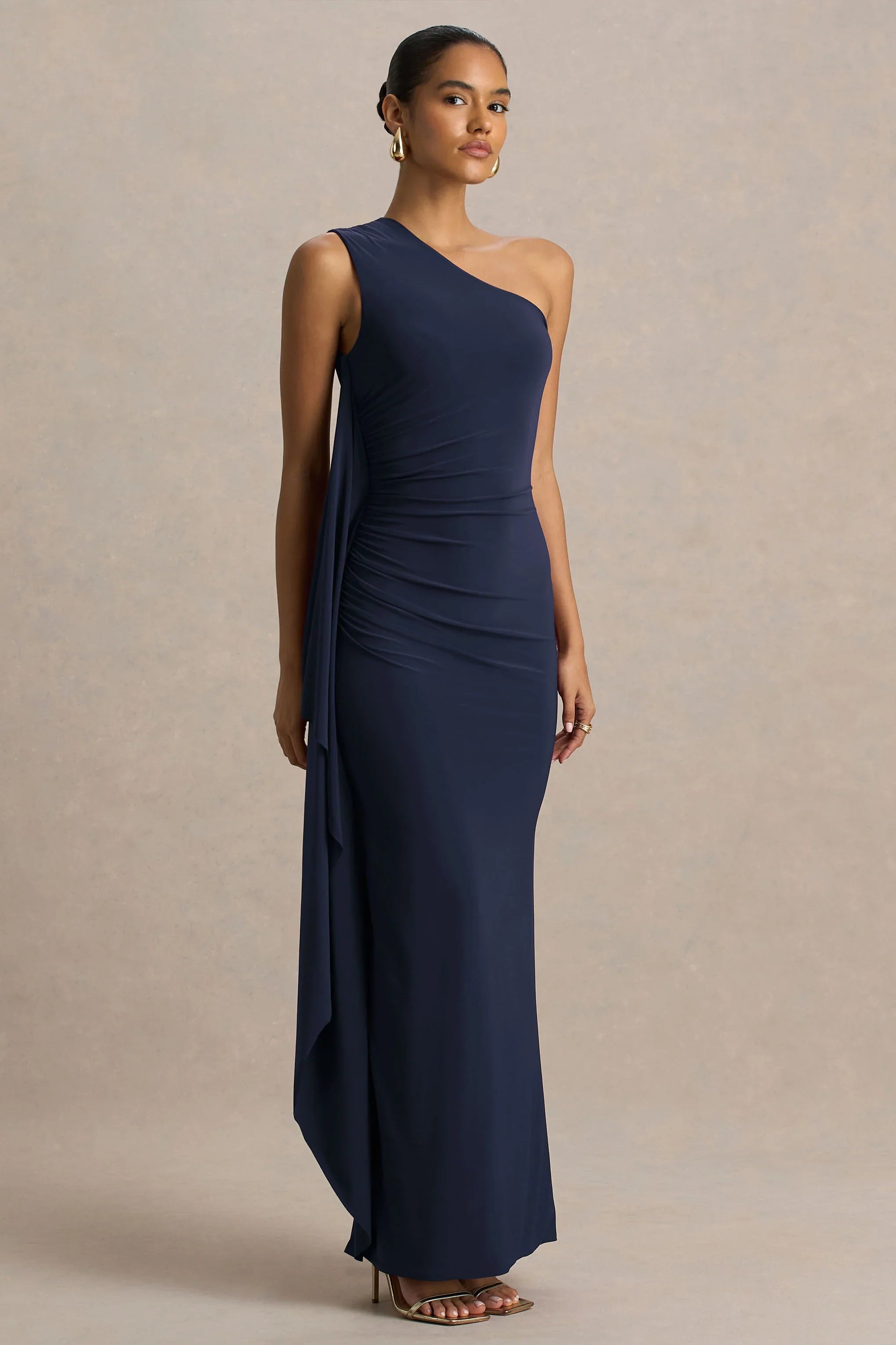 Adelina Navy One Shoulder Maxi Dress With Drape