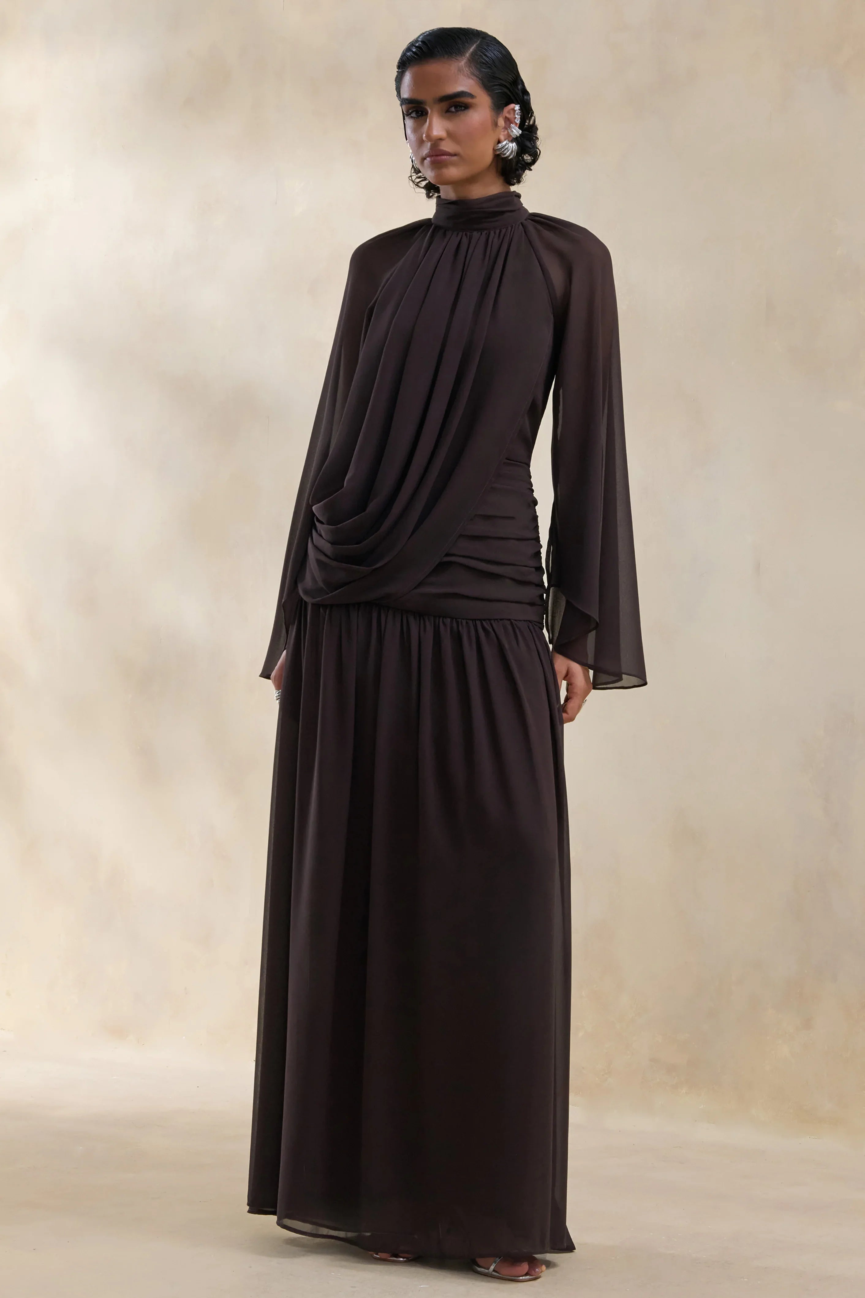 Narella Brown Chiffon High Neck Maxi Dress With Draped Detailing