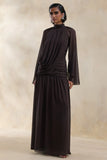 Narella Brown Chiffon High Neck Maxi Dress With Draped Detailing