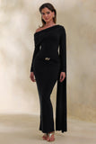 Bessy Black Asymmetric Neck Maxi Dress With Gathered Detailing And Sash