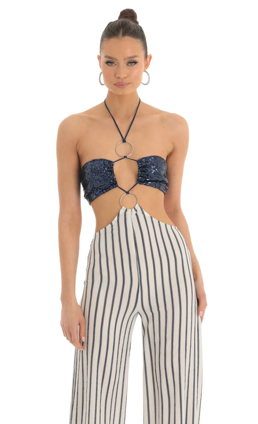 Sequin Halter Striped Jumpsuit in White and Navy