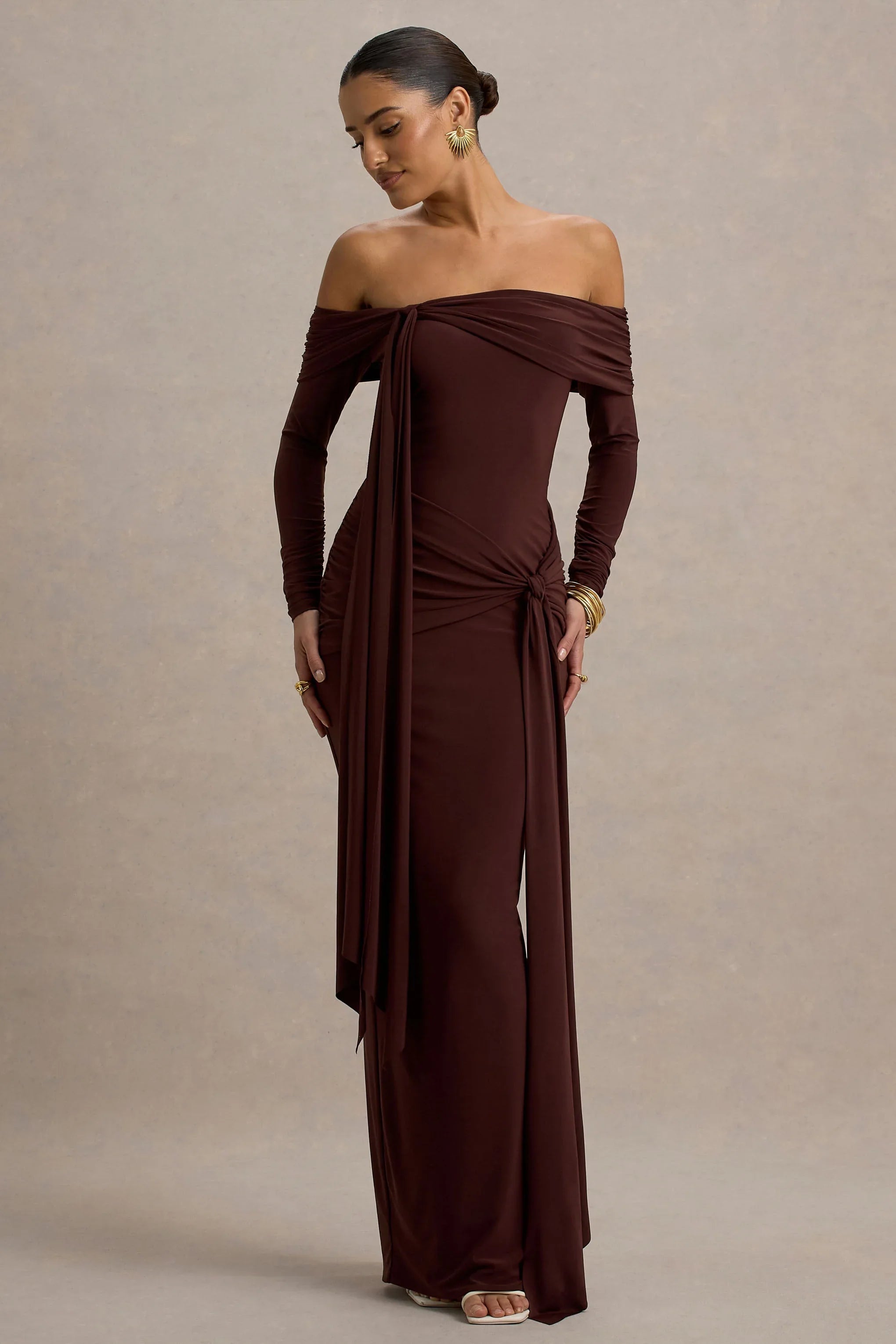 Jovie Brown Bardot Wrap Maxi Dress With Sash Detail