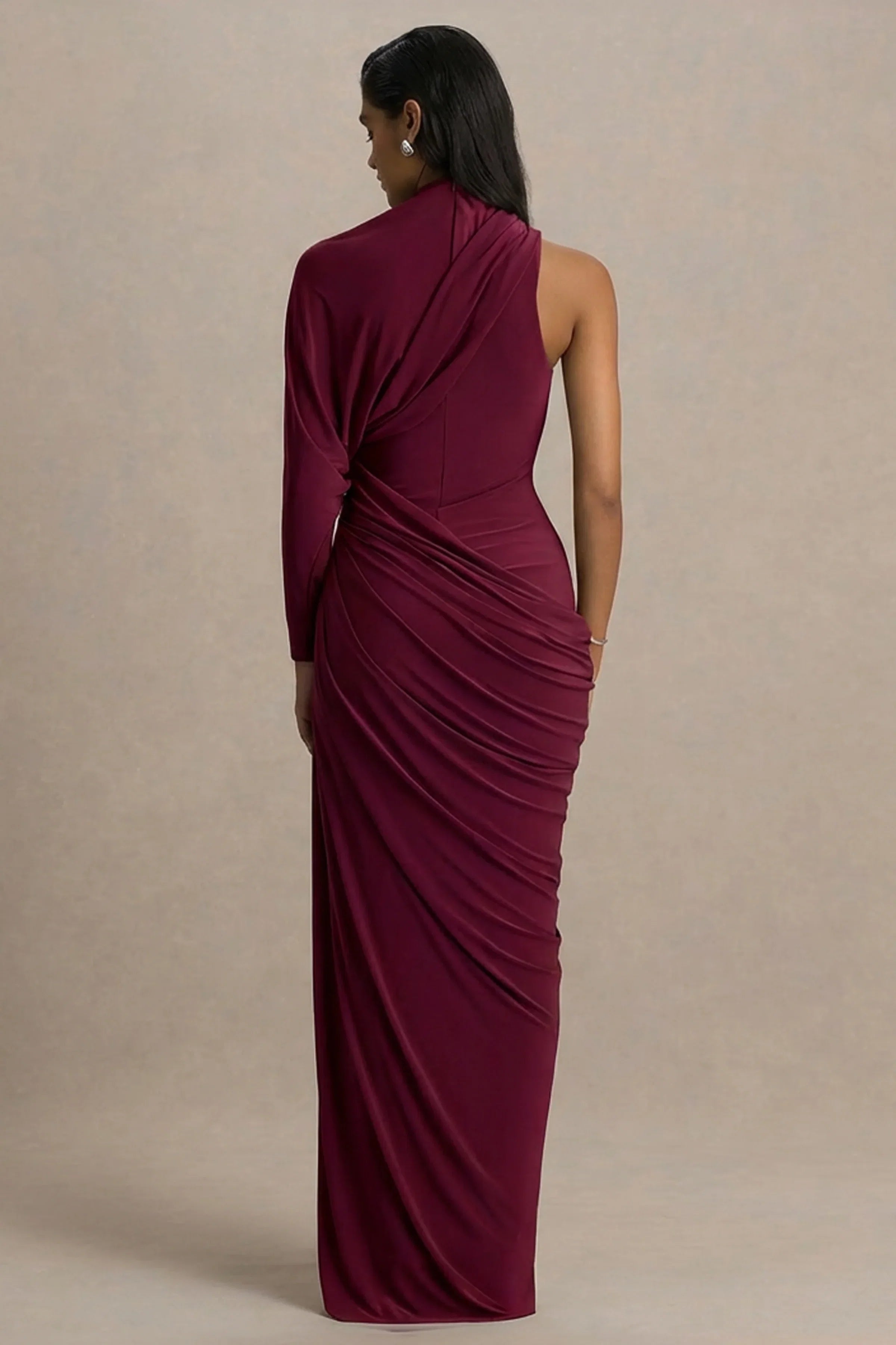 Aphra Burgundy High Neck Maxi Dress With Cape Sleeve