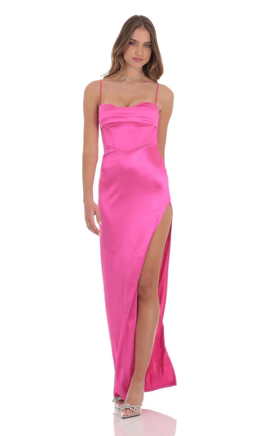 Satin Corset Maxi Dress in Hot Pink