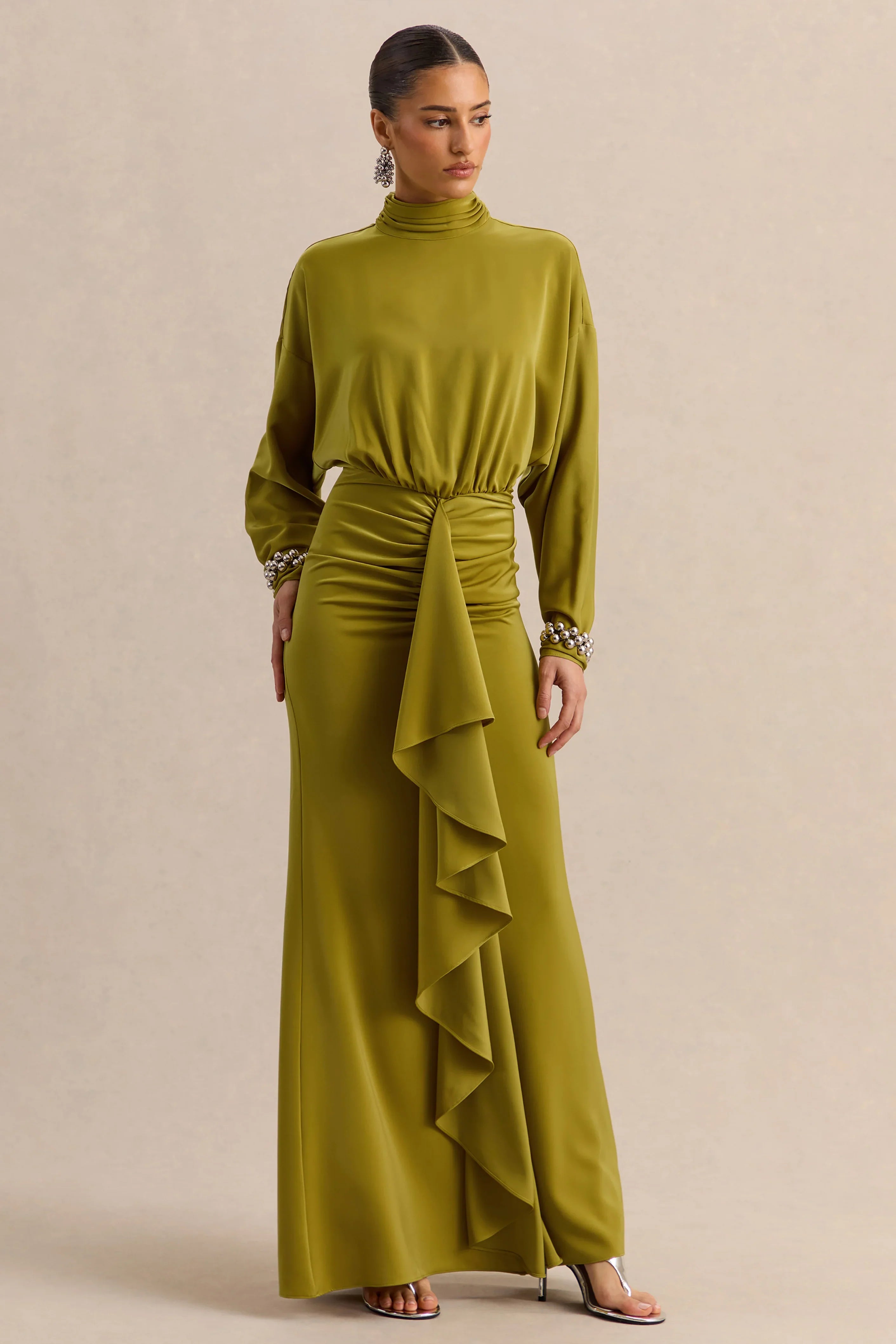 Perla Olive High Neck Maxi Dress With Gathered Detailing