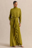Perla Olive High Neck Maxi Dress With Gathered Detailing