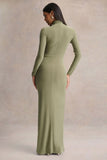 Persis Olive High Neck Maxi Dress With Gathered Detailing