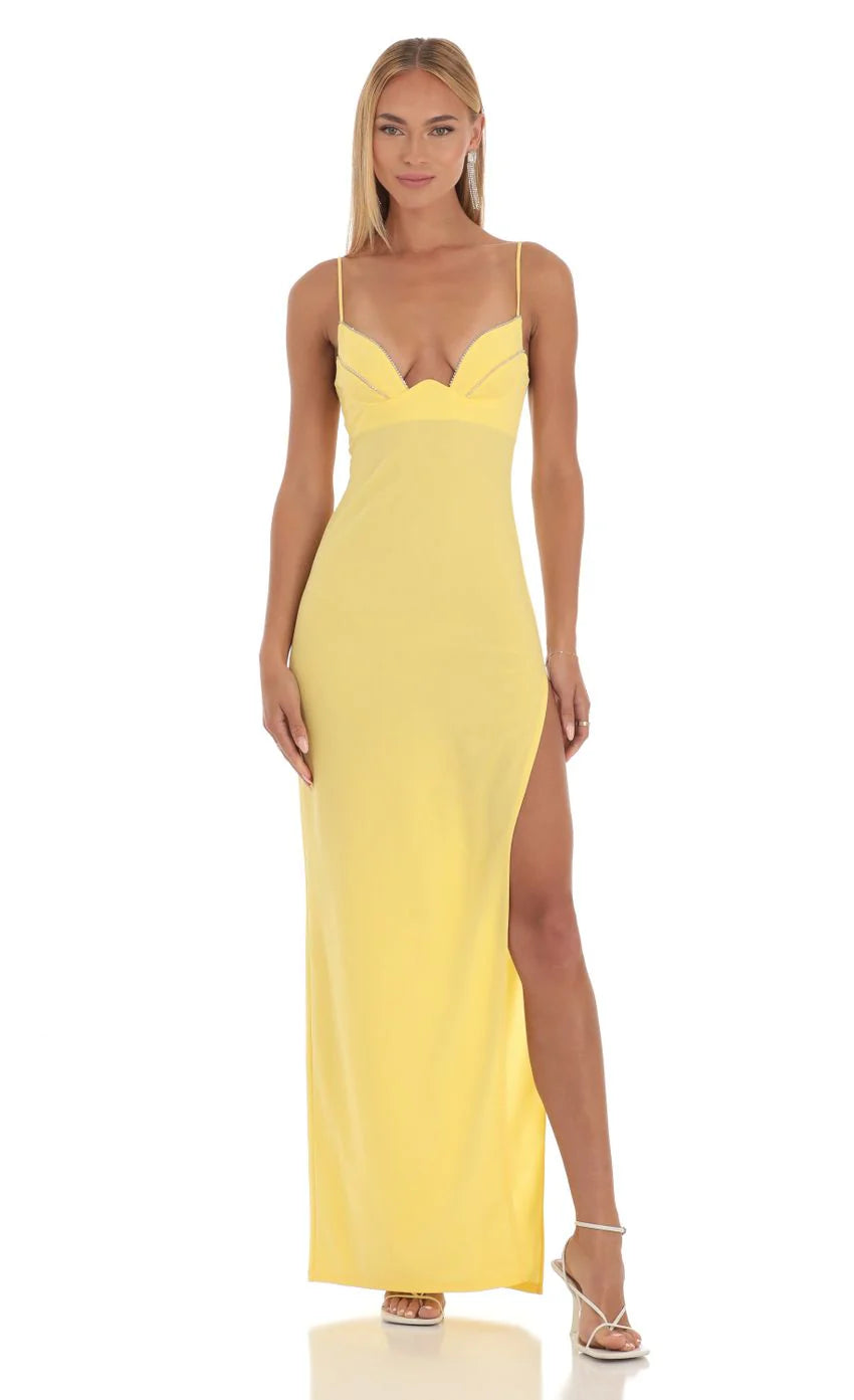 Crepe Rhinestone Corset Maxi Dress in Yellow